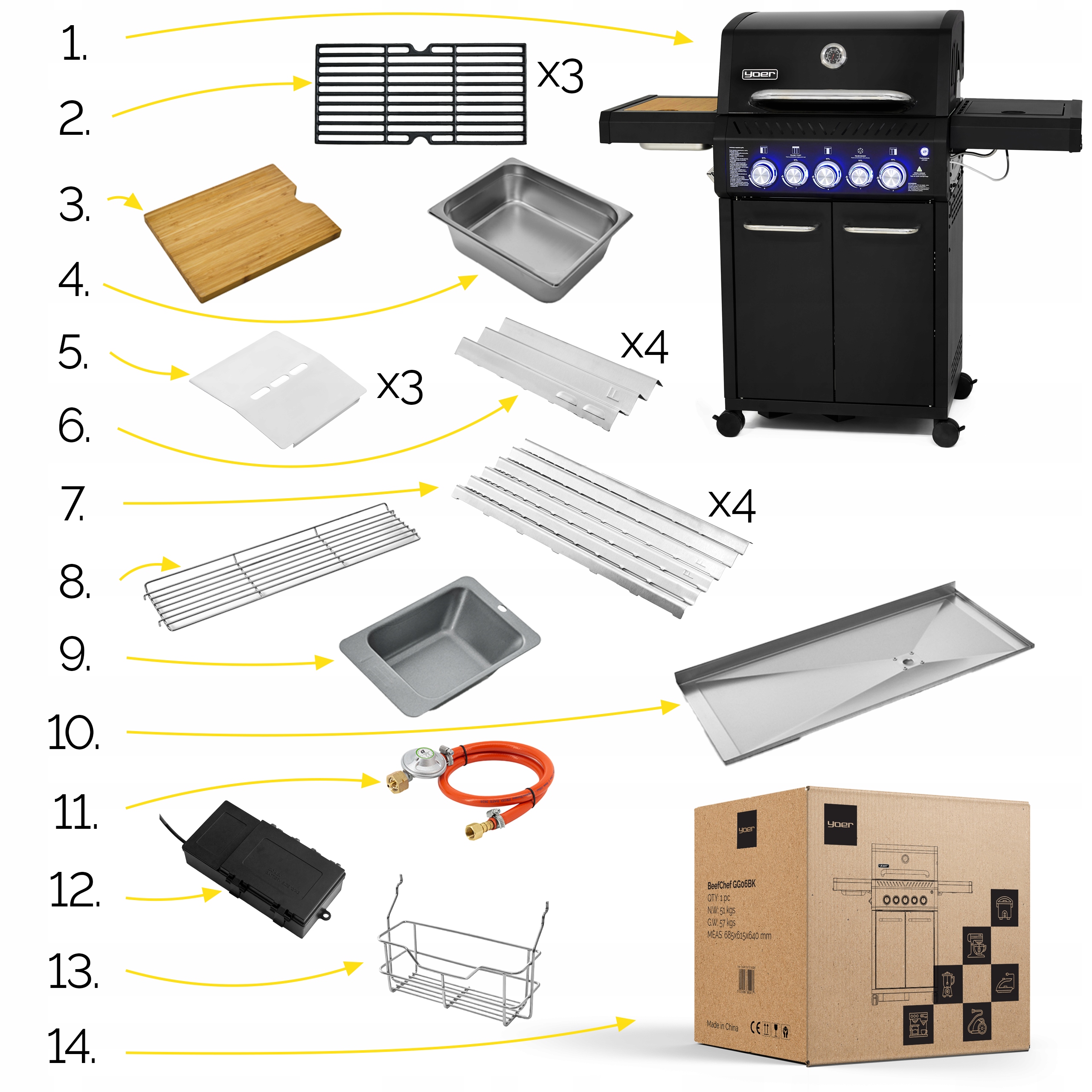 Grill gazowy Ogrodowy ŻELIWNY nierdzewny 3+2 Yoer 17,65 kW +szafka na butlę