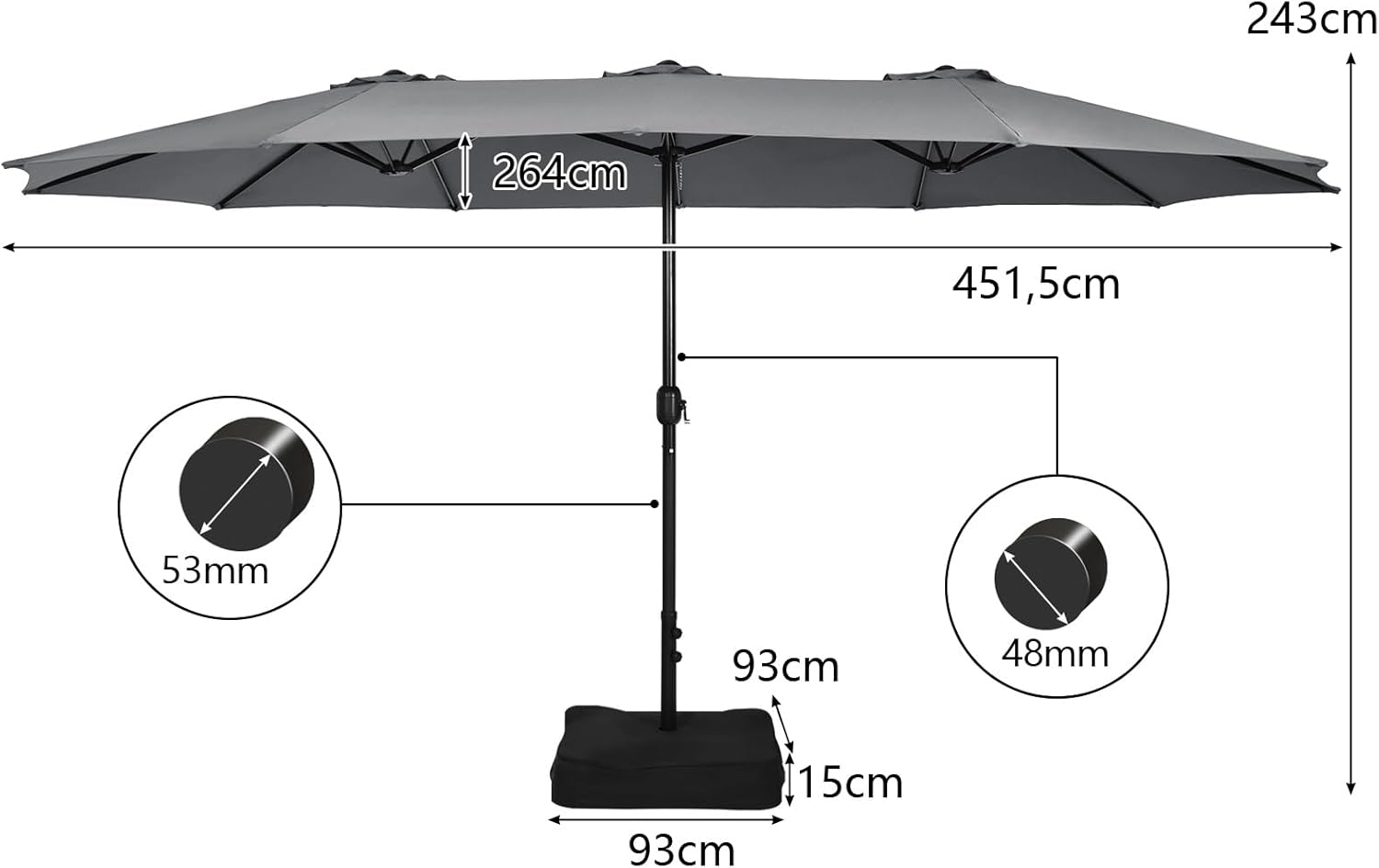 COSTWAY Parasol przeciwsłoneczny, prostokątny, 300 x 300 cm, duży parasol przeciwsłoneczny z korbą, parasol ogrodowy, odchylany o 360°, parasol tarasowy, do ogrodu, na taras, balkon (czarny)