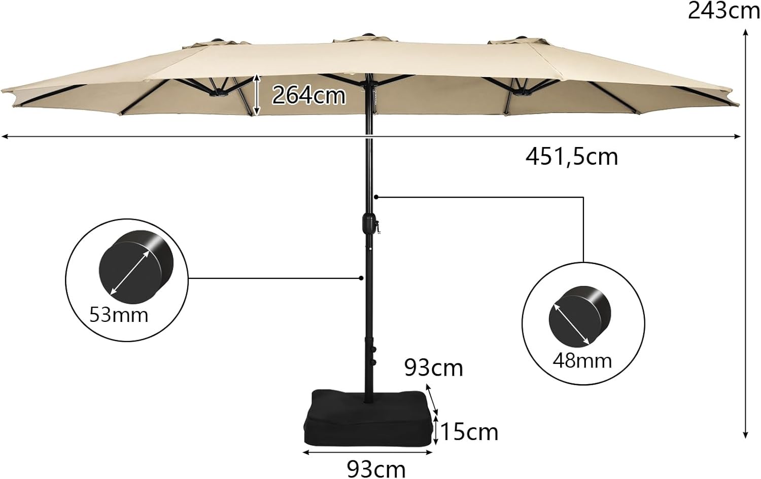COSTWAY Parasol przeciwsłoneczny, prostokątny, 300 x 300 cm, duży parasol przeciwsłoneczny z korbą, parasol ogrodowy, odchylany o 360°, parasol tarasowy, do ogrodu, na taras, balkon (czarny)