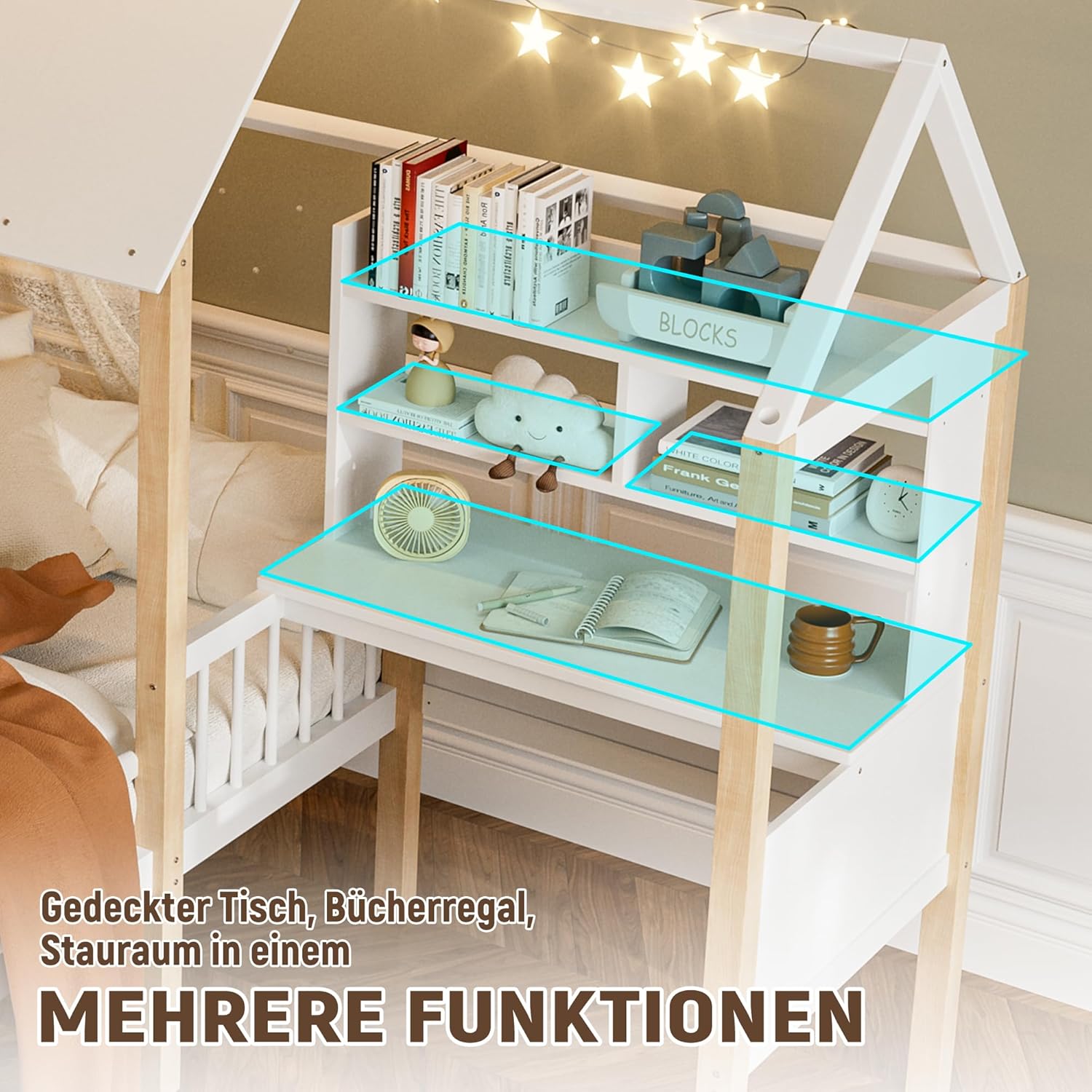 BXEYXE 90 x 200 cm łóżko dziecięce z zabezpieczeniem przed wypadnięciem i stelażem, biurko w kształcie litery L i regał na książki, szuflady na kółkach, wielofunkcyjne łóżko domowe z litego drewna