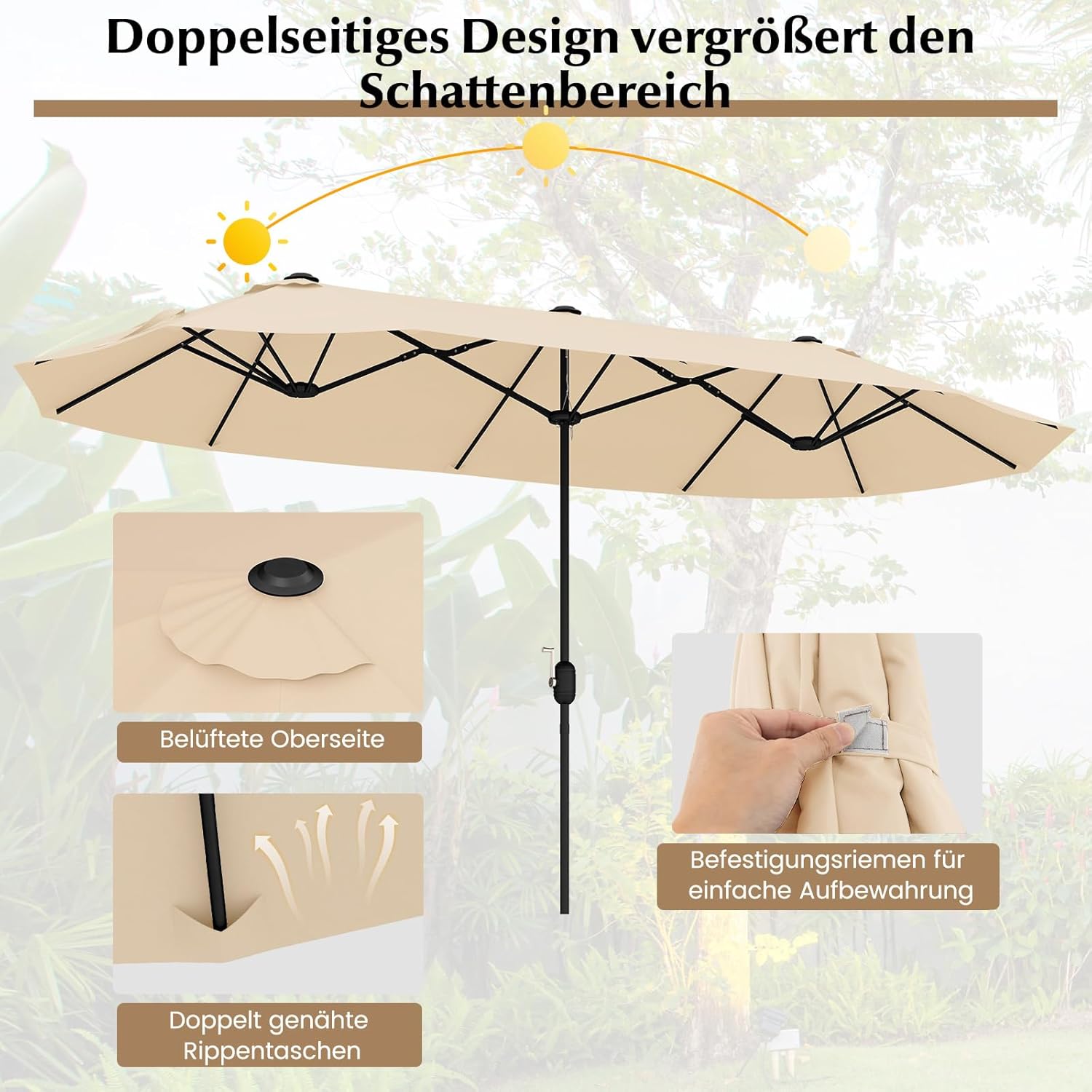 COSTWAY Parasol przeciwsłoneczny, prostokątny, 300 x 300 cm, duży parasol przeciwsłoneczny z korbą, parasol ogrodowy, odchylany o 360°, parasol tarasowy, do ogrodu, na taras, balkon (czarny)