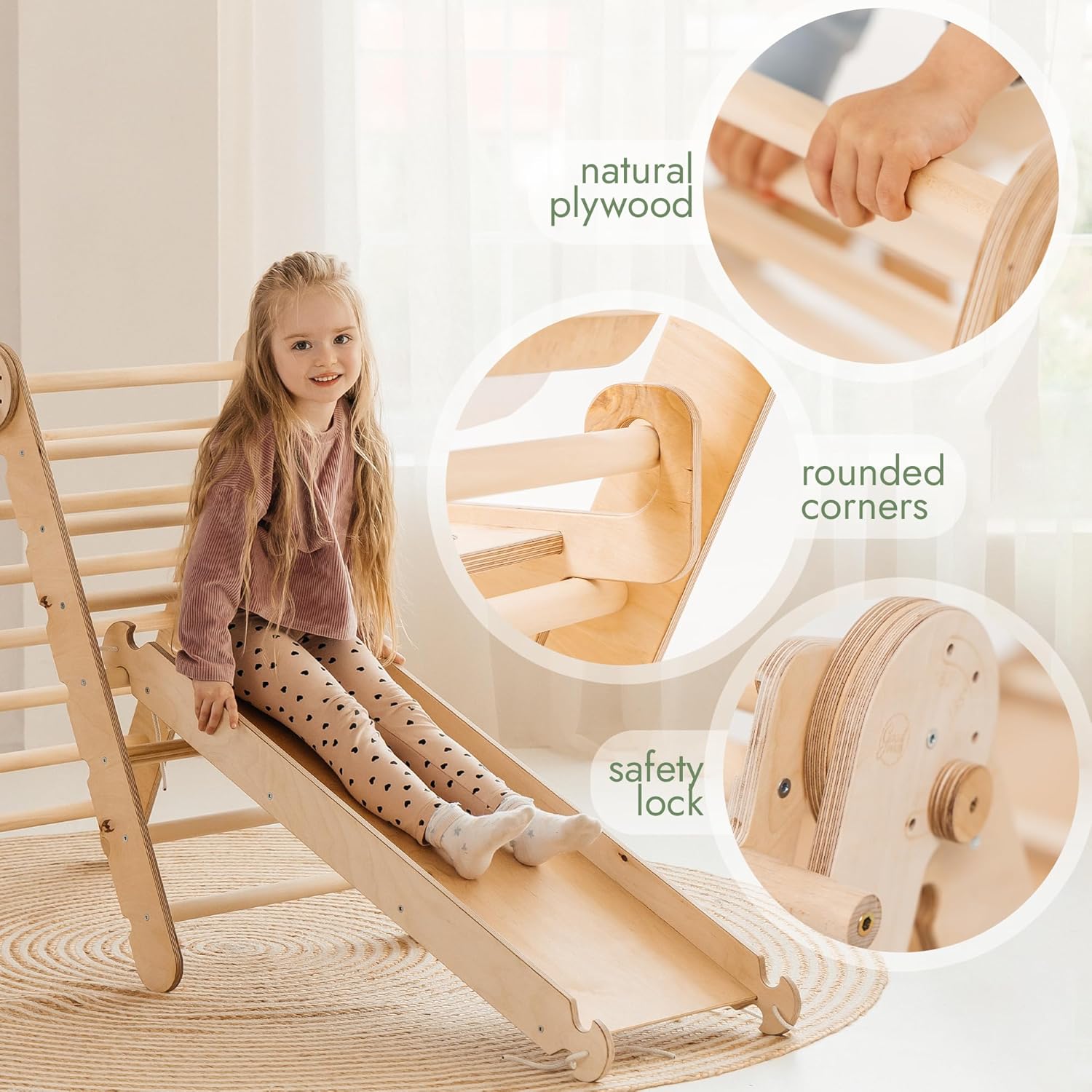 Zestaw wspinaczkowy 5 w 1 Montessori - drewniana siłownia z trójkątną drabinką i łukiem oraz rampą wspinaczkową, siatką i poduszką - rama wspinaczkowa dla maluchów w wieku 1-7 lat w rozmiarze XL