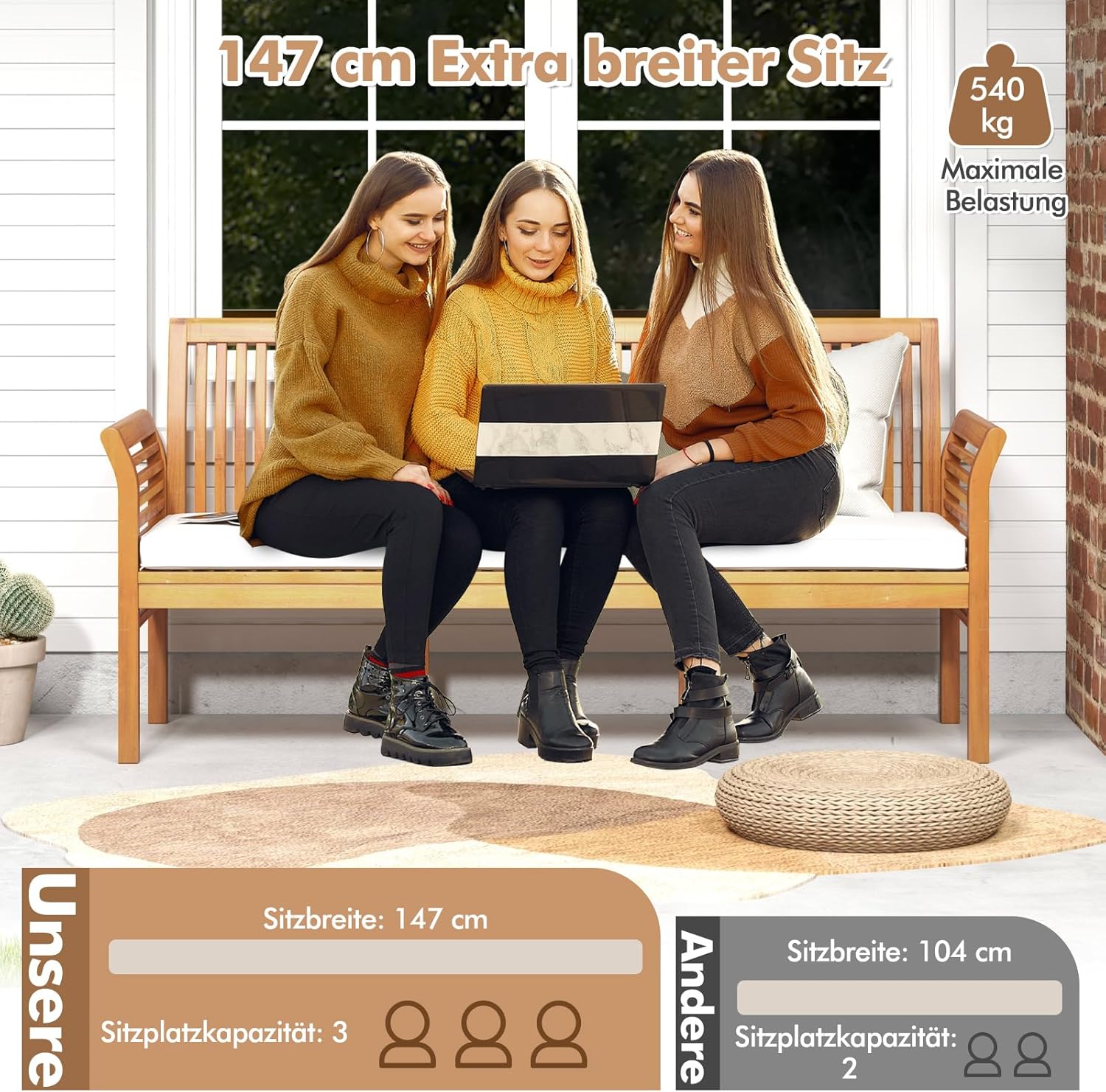 COSTWAY Ławka Ogrodowa z Drewna Akacjowego, Poduszką do Siedzenia, 3-Osobowa Sofa Ogrodowa, Balkonowa, Obciążenie 540 kg, Parkowa na Taras, Balkon, Ogrodu, 159