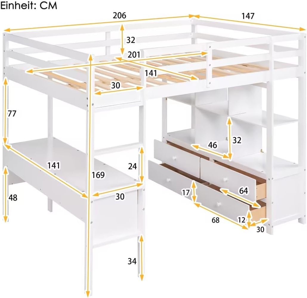 YCYDHDM Łóżko piętrowe 90 x 200 cm z biurkiem i półkami, łóżko piętrowe dla dzieci, łóżko młodzieżowe z zabezpieczeniem przed wypadnięciem i miejscem do przechowywania, rama łóżka z drewna sosnowego,