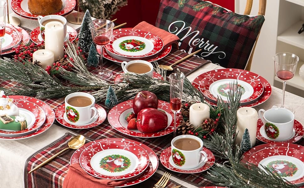 Świąteczny Zestaw Talerzy Obiadowych Boże Narodzenie 60 elem Święty Mikołaj