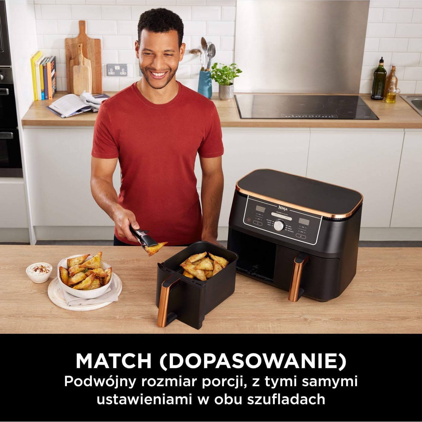 Ninja Foodi MAX Dual Zone Frytkownica beztłuszczowa z 2 szufladami, 9,5 l, kosz nieprzywierający nadaje sie do zmywarki, na 8 porcji, miedziano/czarna, 6 w 1, amazon exclusive, AF400EUCP