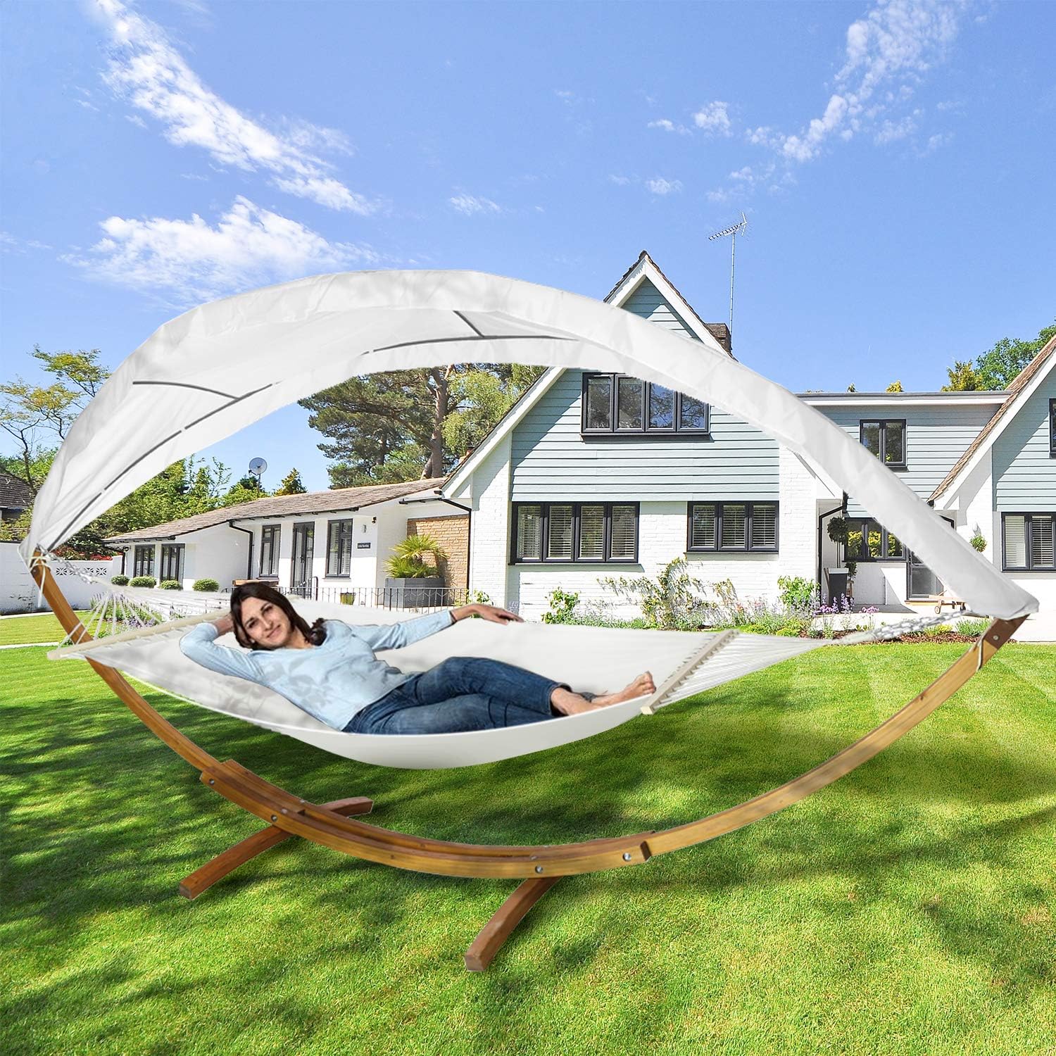 Tubiaz Hamaki ze stelażem, do użytku na zewnątrz, drewniane, 200 x 150 cm, hamak z dachem, nośność 200 kg, na kemping, do ogrodu, na plażę, balkon, fotel wiszący dla 2 osób