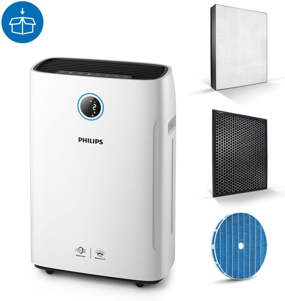 Philips, Oczyszczacz i nawilżacz powietrza 2 w 1 z serii 3400, HEPA NanoProtect + filtr z aktywnym węglem, higieniczne nawilżanie 650 ml/h, CADR 300 m³/h dla 78 m² (AC3421/13)