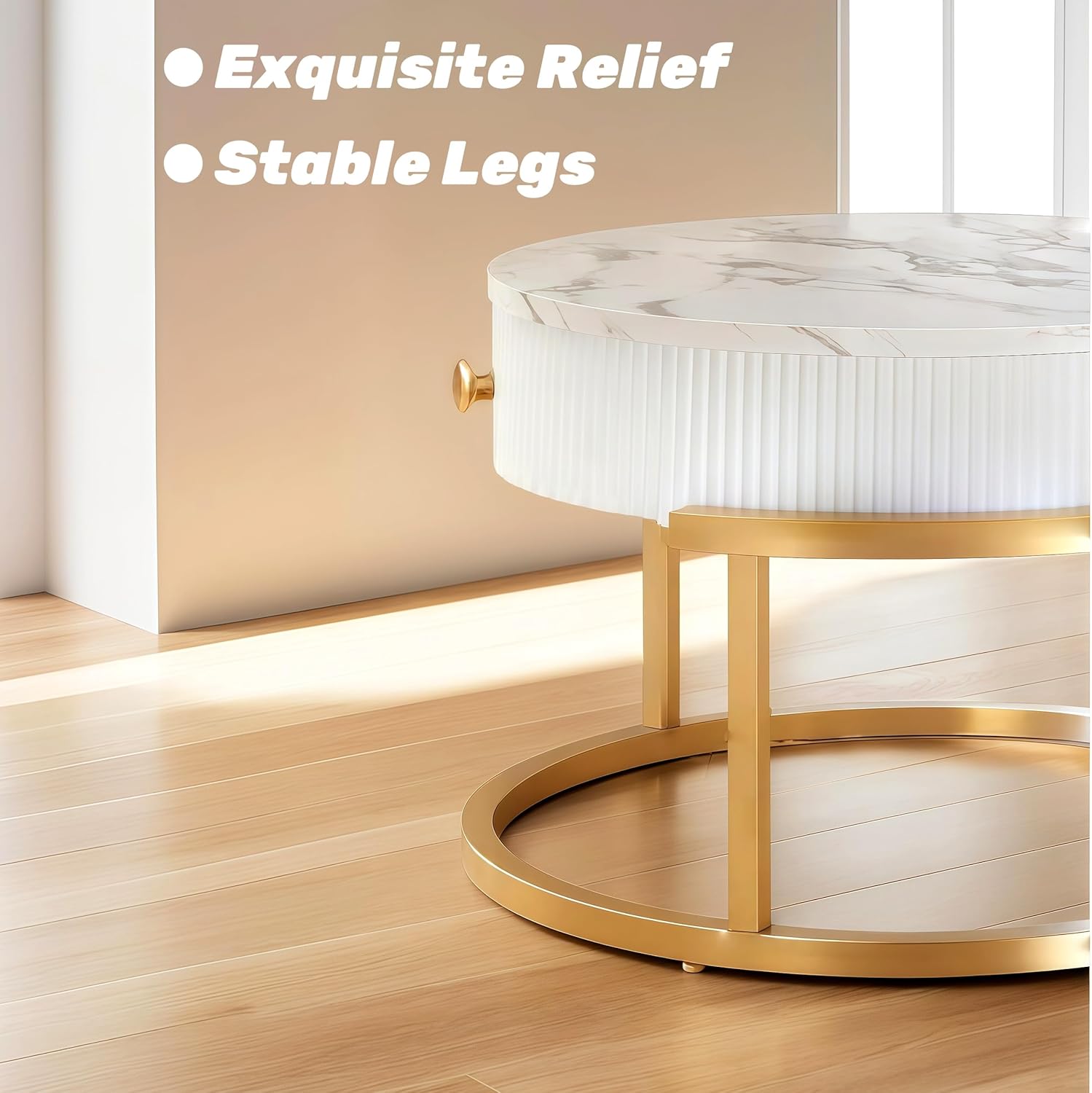 Ginhow Stolik kawowy, okrągły, biały i złoty, 2-częściowy zestaw, stolik kawowy o wyglądzie marmuru, okrągły stolik kawowy z 1 szufladą, nowoczesny stolik pomocniczy, złoty, okrągły, Ø 70 x wys. 45