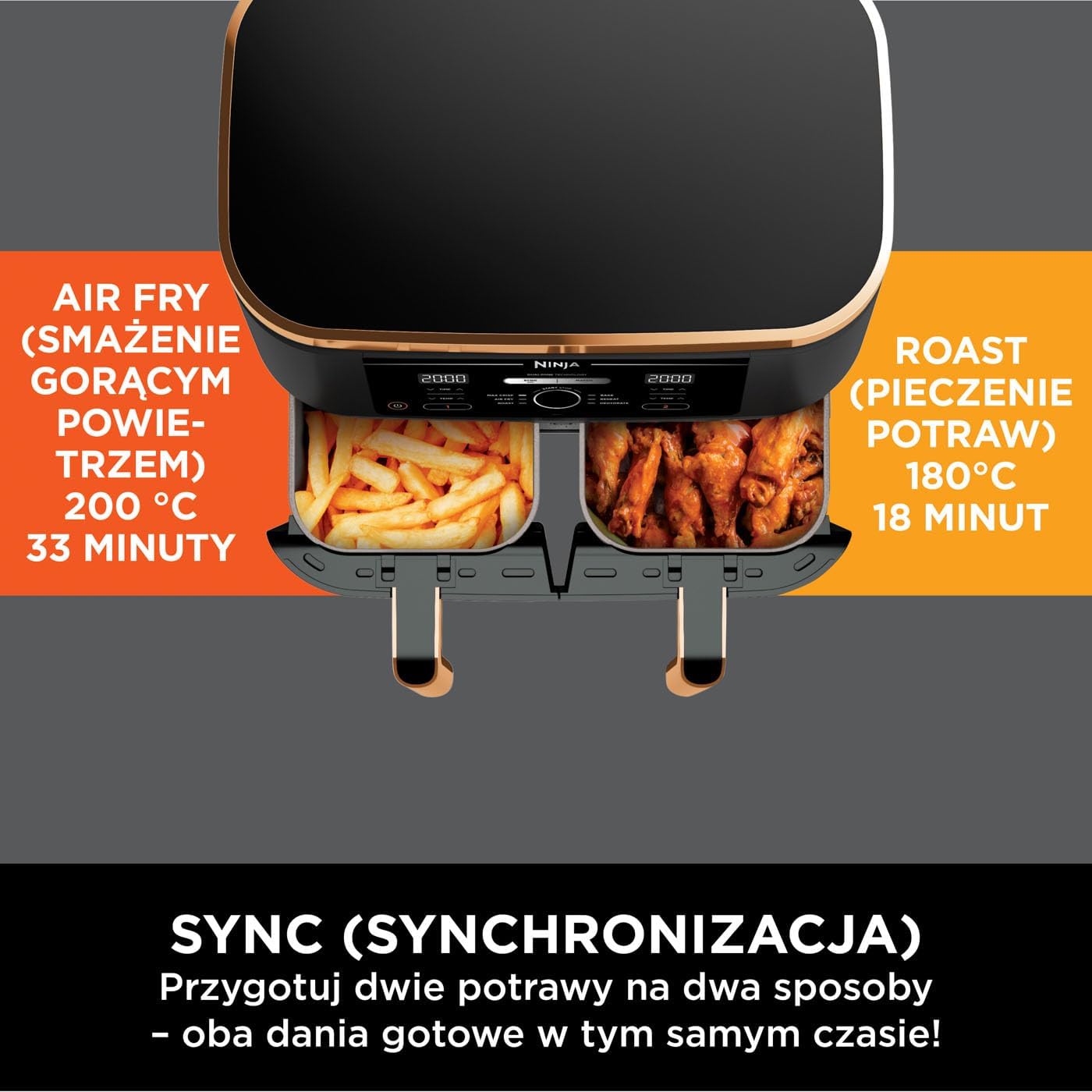 Ninja Foodi MAX Dual Zone Frytkownica beztłuszczowa z 2 szufladami, 9,5 l, kosz nieprzywierający nadaje sie do zmywarki, na 8 porcji, miedziano/czarna, 6 w 1, amazon exclusive, AF400EUCP
