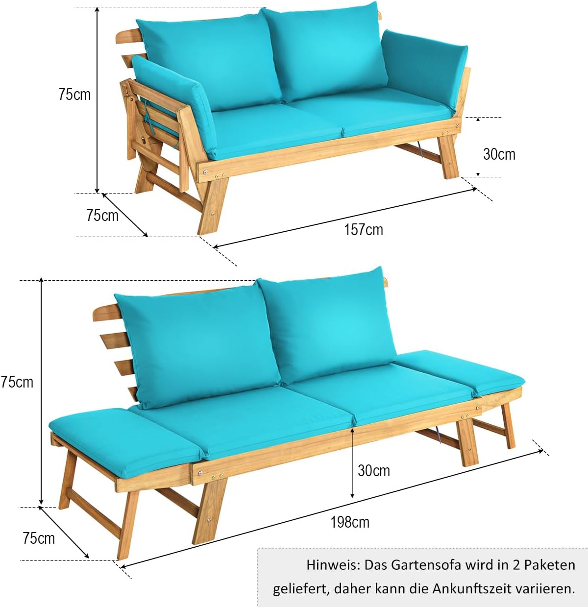 COSTWAY Ławka ogrodowa z funkcją leżenia, sofa ogrodowa z poduszkami i składanym podłokietnikiem, ławka balkonowa z drewna akacjowego, sofa balkonowa, sofa ogrodowa do ogrodu, na taras, balkon, 198 x