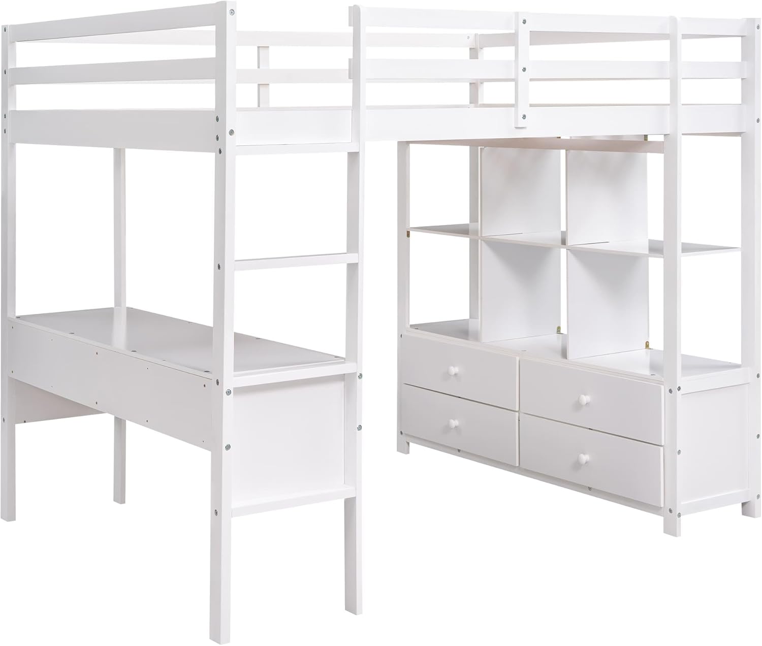 YCYDHDM Łóżko piętrowe 90 x 200 cm z biurkiem i półkami, łóżko piętrowe dla dzieci, łóżko młodzieżowe z zabezpieczeniem przed wypadnięciem i miejscem do przechowywania, rama łóżka z drewna sosnowego,