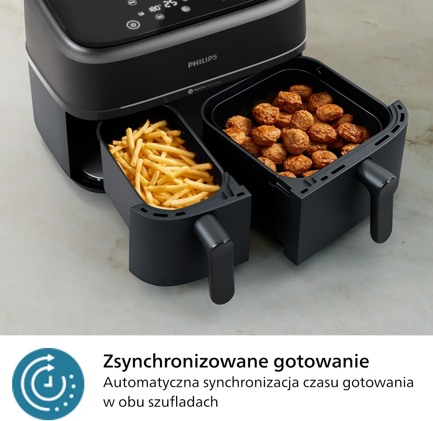Philips Airfryer 5000 Serii Dual Basket z Technologią Air Steam oraz RapidAir Plus - pojemność 9L, 19 sposobów gotowania, 90% mniej tłuszczu, 2 kosze, czyszczenie parą, akcesoria (NA550/00)