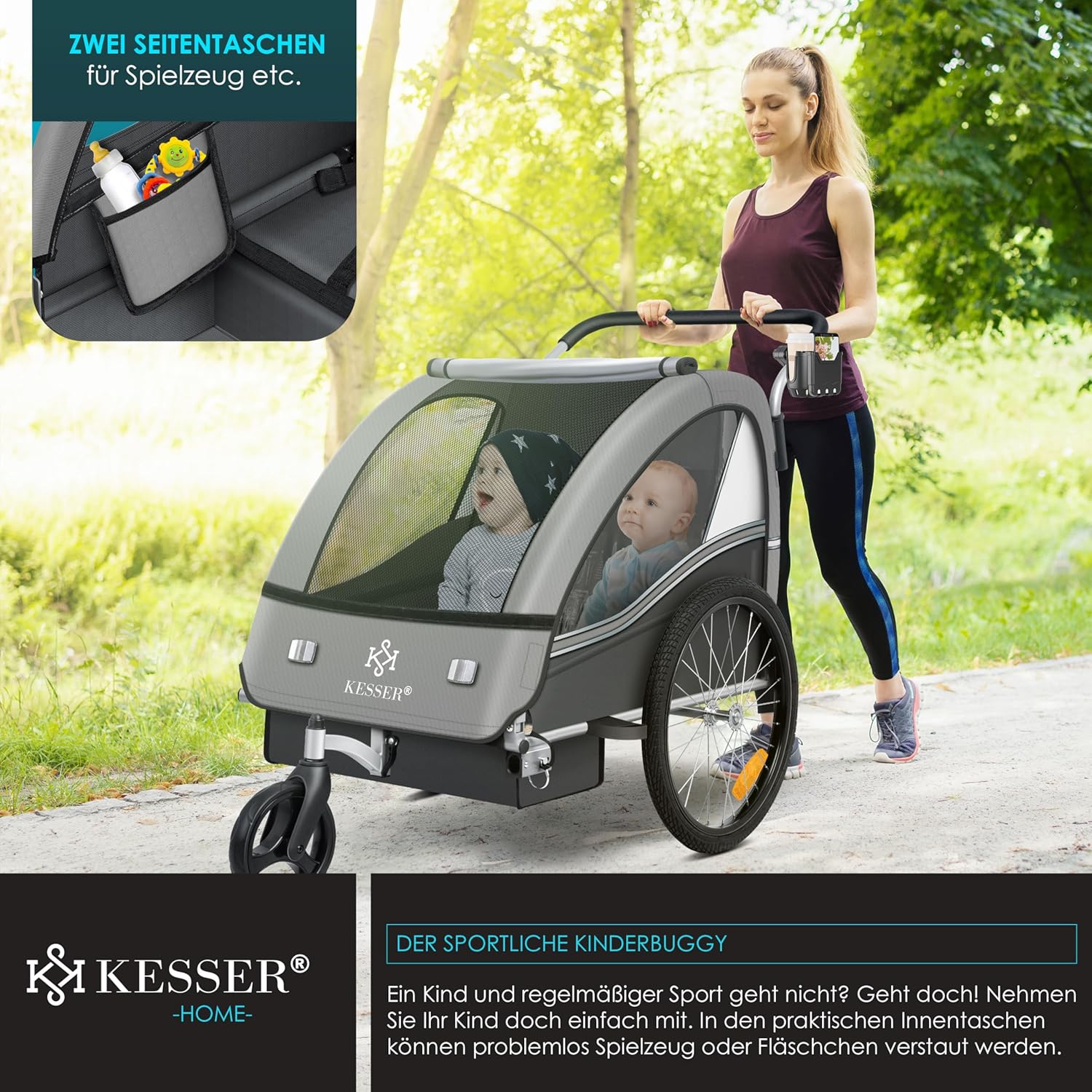 KESSER® Przyczepka rowerowa dla dzieci Sport-RX 2w1 z funkcją jazdy Przyczepka rowerowa dla dzieci + 5-punktowy pas bezpieczeństwa 360°