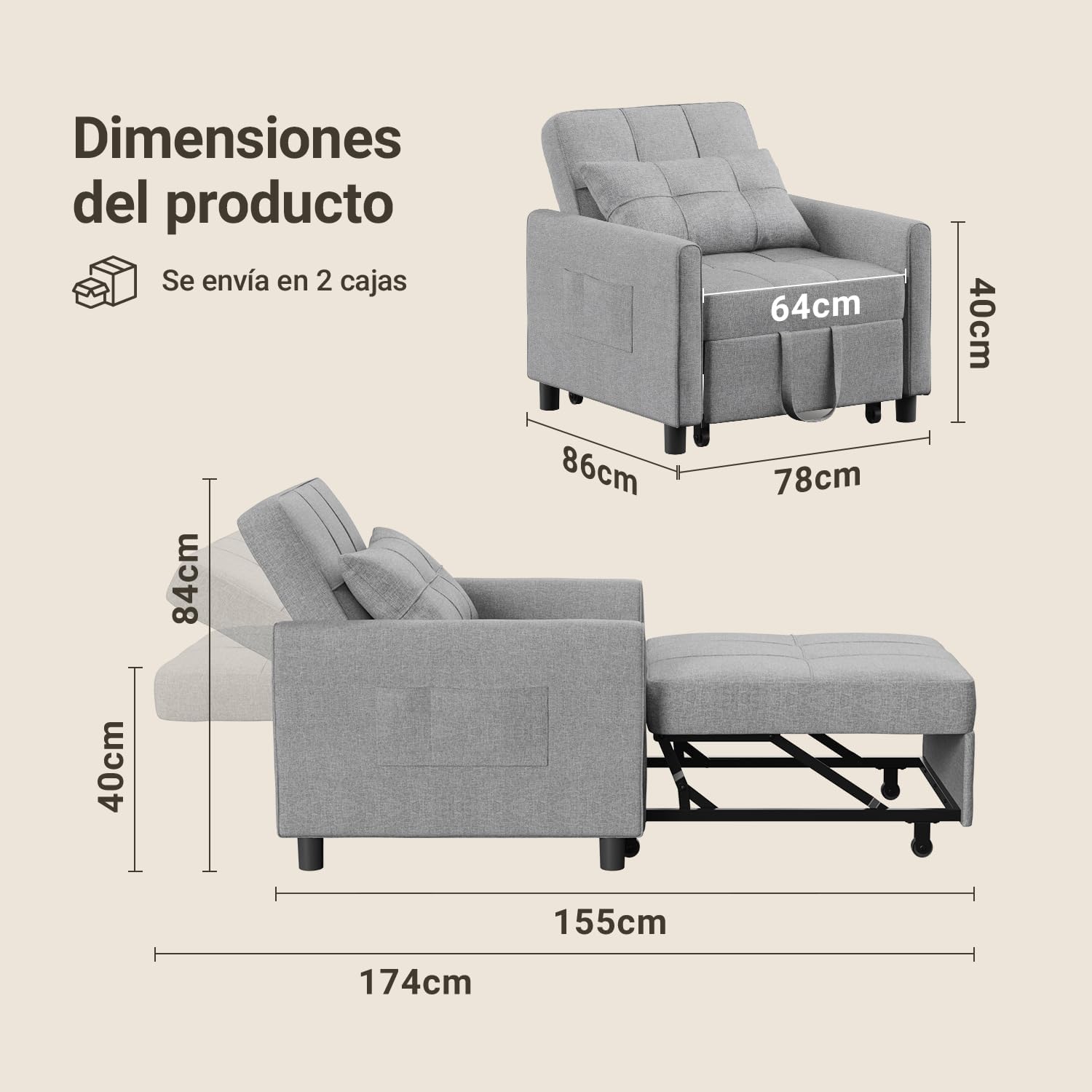 Xbro Fotel Do Spania 3 w 1, Rozkładana Sofa z Funkcją Łóżka, Regulowane Krzesło z Poduszką i Kieszenią, Wielofunkcyjny Fotel na Małe Przestrzenie, Akademiki, Biura