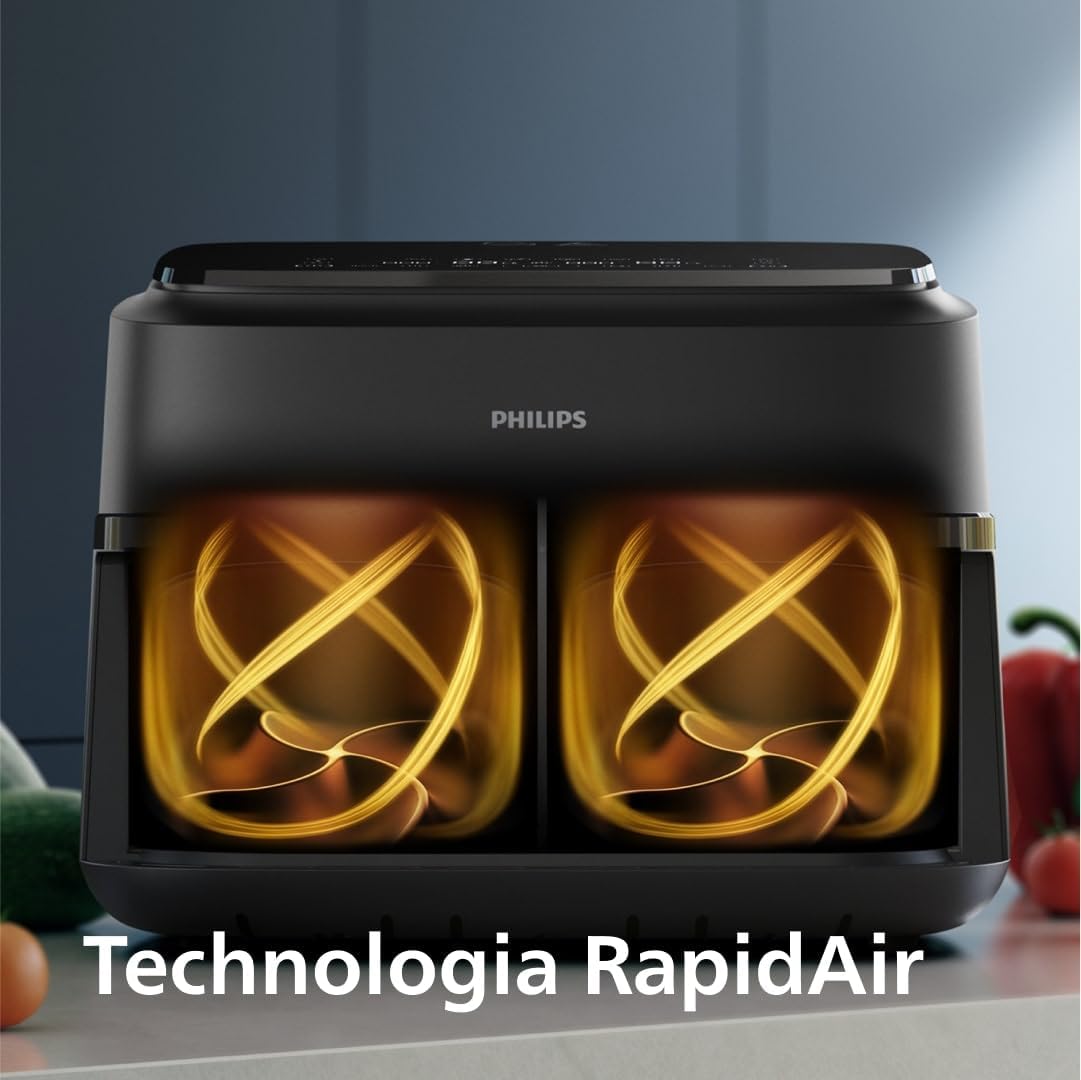 Philips Airfryer 5000 Serii Dual Basket z Technologią Air Steam oraz RapidAir Plus - pojemność 9L, 19 sposobów gotowania, 90% mniej tłuszczu, 2 kosze, czyszczenie parą, akcesoria (NA550/00)