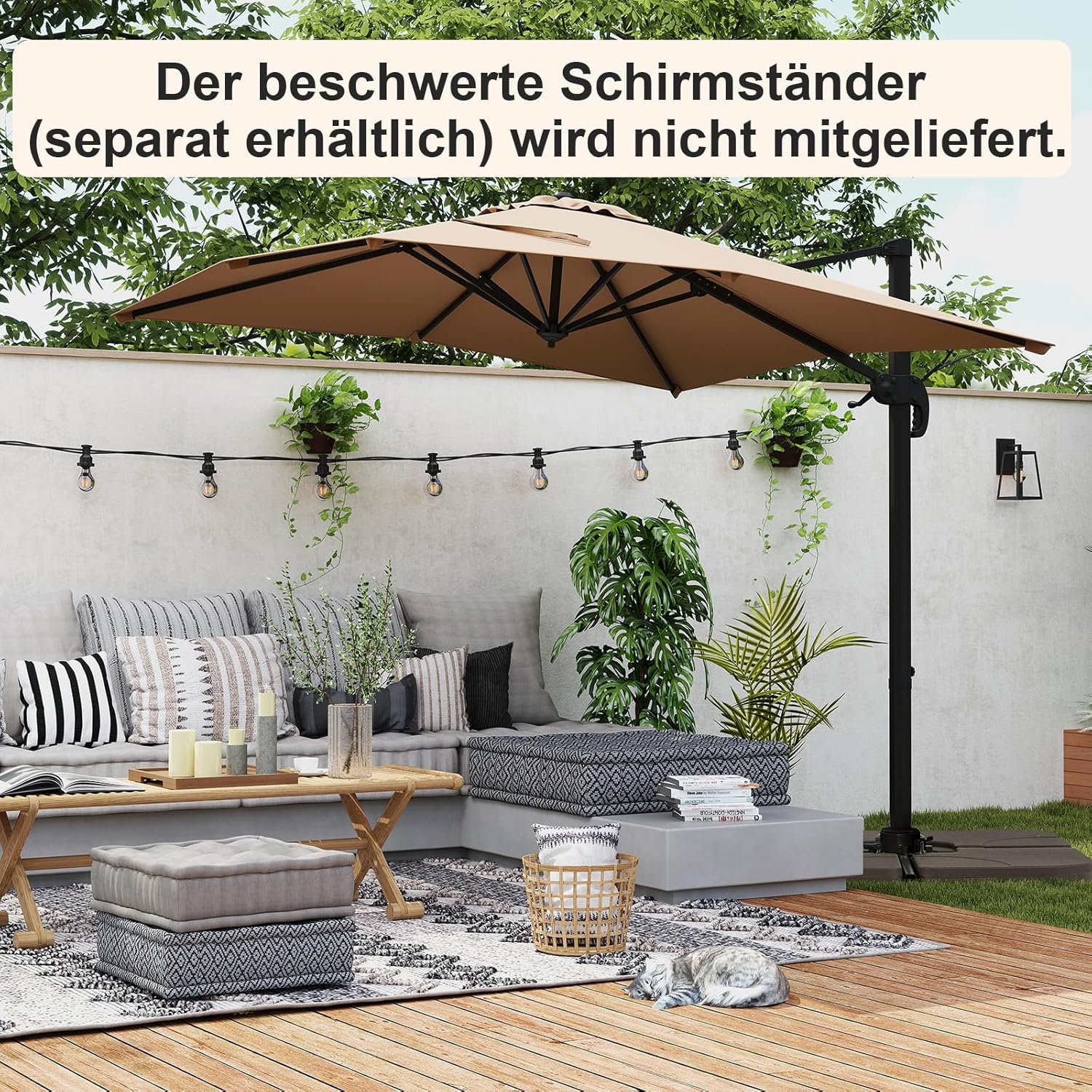 COSTWAY Parasol przeciwsłoneczny, prostokątny, 300 x 300 cm, duży parasol przeciwsłoneczny z korbą, parasol ogrodowy, odchylany o 360°, parasol tarasowy, do ogrodu, na taras, balkon (czarny)