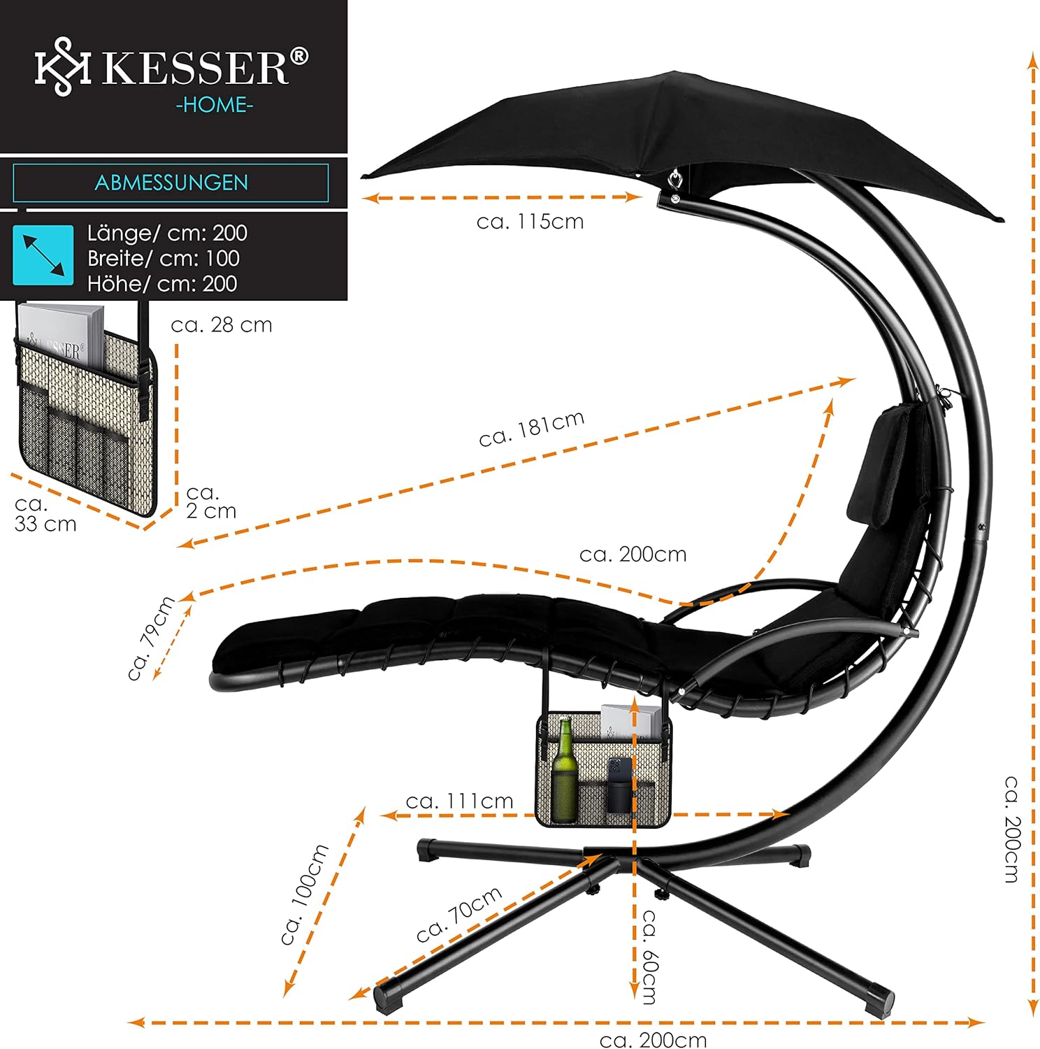 KESSER® Leżak wiszący z parasolem przeciwsłonecznym, wys. 200, dł. 194, szer. 100 cm, leżak relaksacyjny, hamak, obciążenie do 120 kg, leżanka bujana, poduszka na kark, w zestawie torba, Beżowy