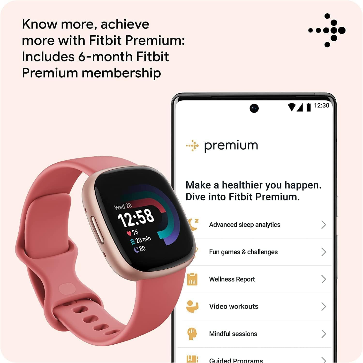 Fitbit Versa 4: Smartwatch aktywnosci fitness z wbudowanym systemem GPS, oraz z żywotnością baterii aż do 6 dni. Kompantybilny z systemem iOS & Android