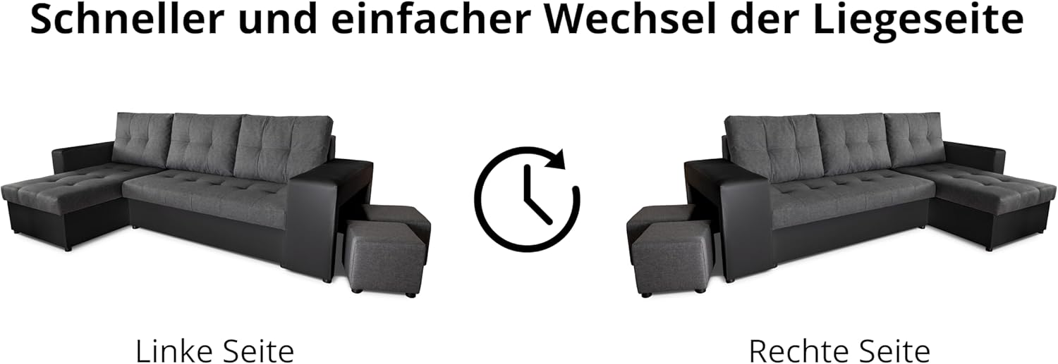 NAWSTOL - Sofa narożna Leon z funkcją spania i skrzynią na pościel – nowoczesna sofa do salonu – możliwość montażu z lewej lub prawej strony (szara + biała sztuczna skóra)