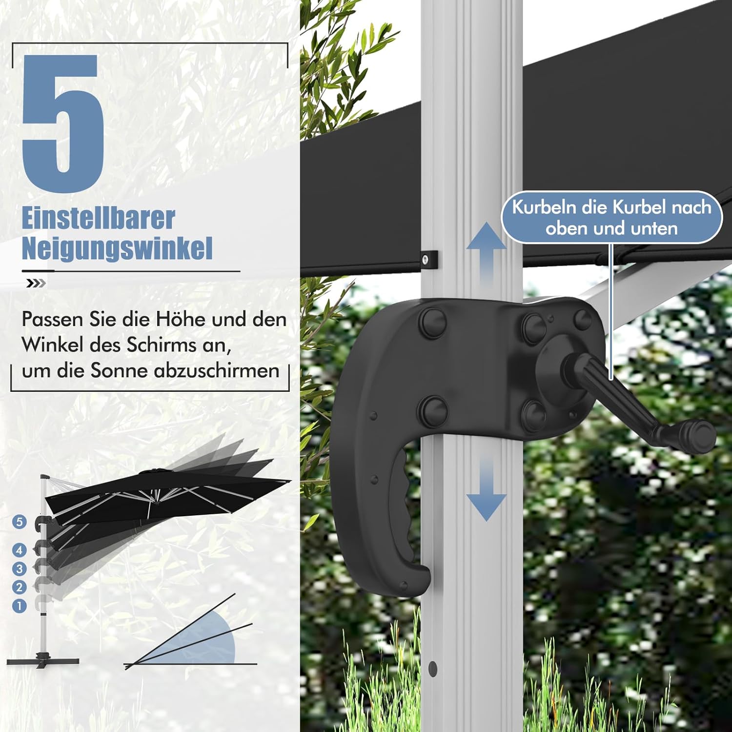 COSTWAY Parasol przeciwsłoneczny, prostokątny, 300 x 300 cm, duży parasol przeciwsłoneczny z korbą, parasol ogrodowy, odchylany o 360°, parasol tarasowy, do ogrodu, na taras, balkon (czarny)