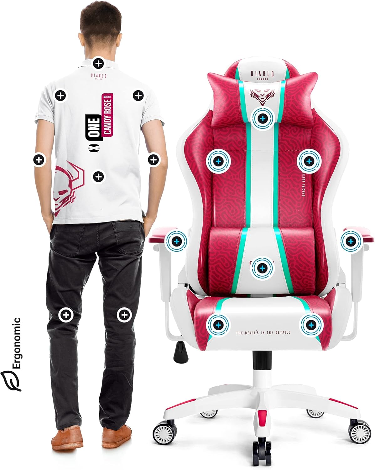 Diablo X-One 2.0 Fotel Gamingowy Krzesło Biurowe Dla Gracza Obrotowy Regulowane Podłokietniki Ekoskóra Ergonomiczny Design Funkcja Bujania Poduszka Pod Kark i Lędźwie (Candy Rose, Normal)