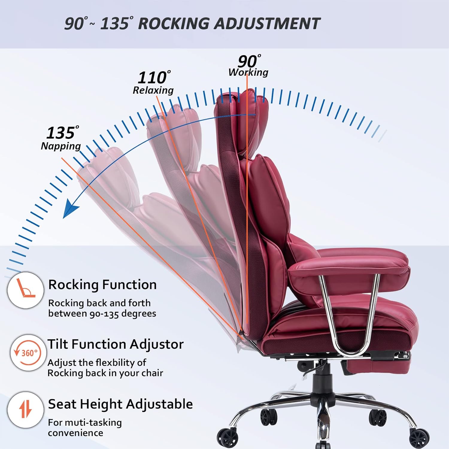 Efomao ergonomiczny fotel biurowy, krzesło kierownicze z PU skóry, fotel biurowy do 200 kg z podnóżkiem i podpórką lędźwiową, regulowane krzesło z wysokim oparciem