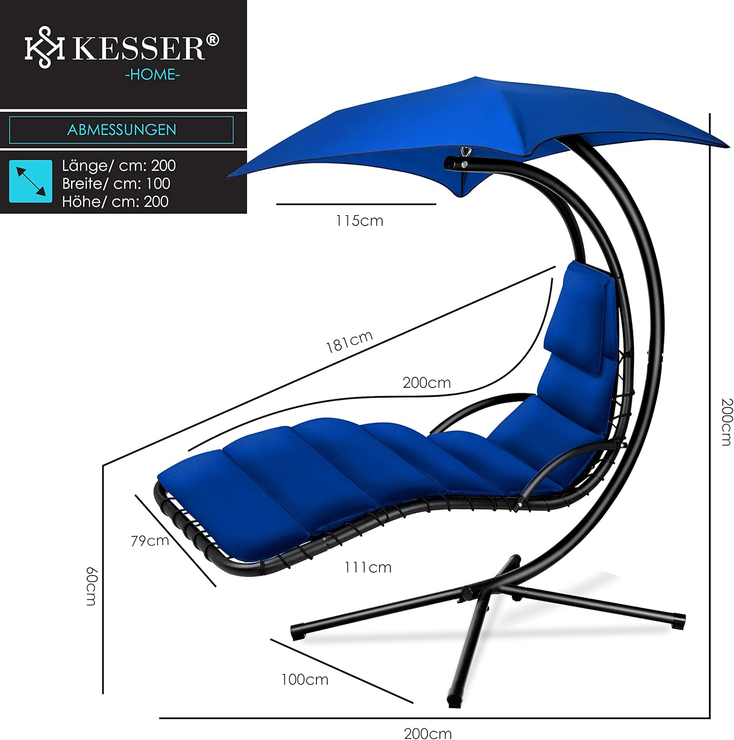 KESSER® Leżak wiszący z parasolem przeciwsłonecznym, wys. 200, dł. 194, szer. 100 cm, leżak relaksacyjny, hamak, obciążenie do 120 kg, leżanka bujana, poduszka na kark, w zestawie torba, Beżowy