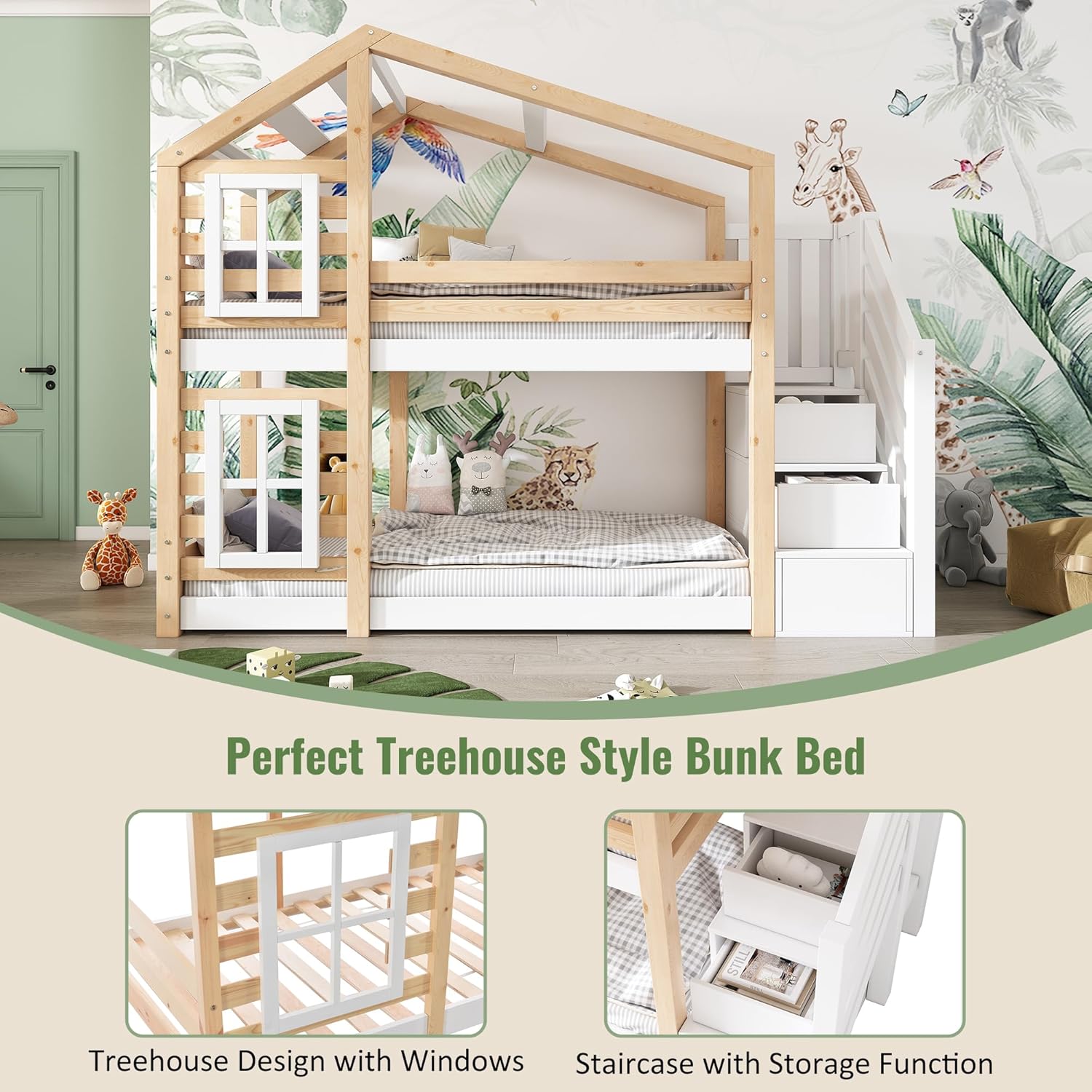 Dolamaní Łóżko domowe 90 x 200 cm ze schodami, łóżko piętrowe 90 x 200 cm, łóżko piętrowe z szufladą i zabezpieczeniem przed wypadnięciem, łóżko pojedyncze dla dzieci, 2 stelaże z listew, kolor