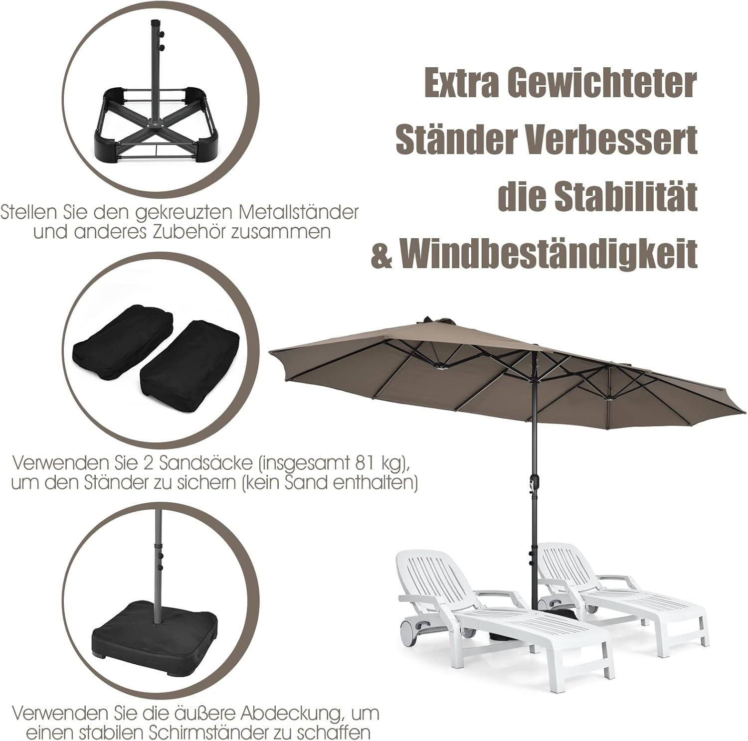 COSTWAY Parasol przeciwsłoneczny, prostokątny, 300 x 300 cm, duży parasol przeciwsłoneczny z korbą, parasol ogrodowy, odchylany o 360°, parasol tarasowy, do ogrodu, na taras, balkon (czarny)