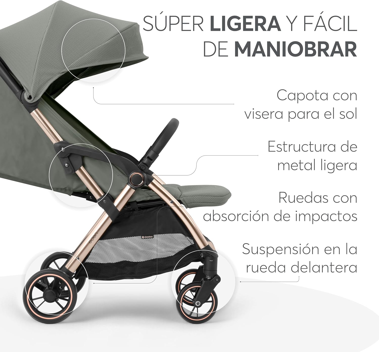 KikkaBoo EDEN Buggy, wózek dziecięcy do 22 kg, automatyczne składanie, pozycja nachylenia, ultralekki, kompaktowy, beżowy