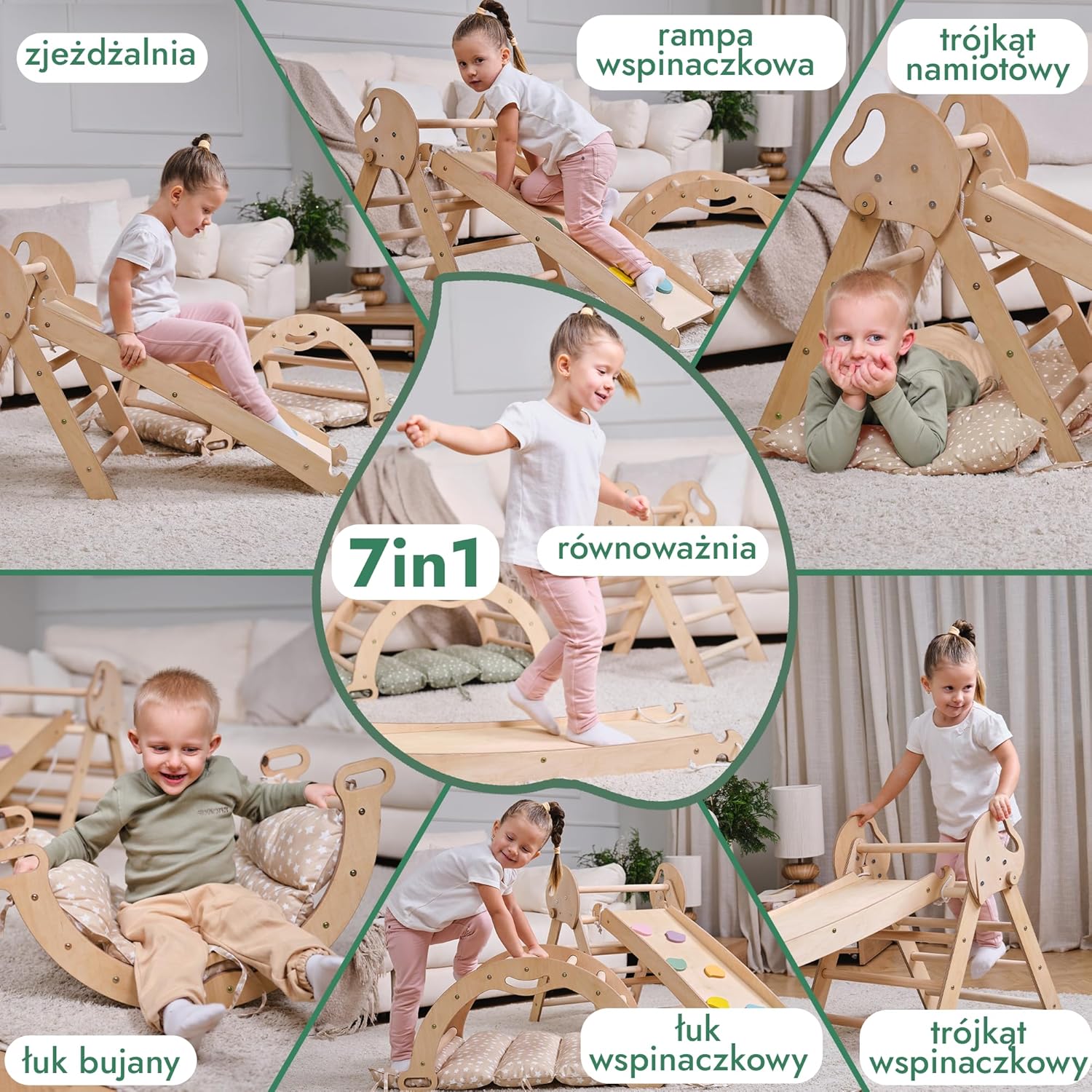 Zestaw wspinaczkowy 5 w 1 Montessori - drewniana siłownia z trójkątną drabinką i łukiem oraz rampą wspinaczkową, siatką i poduszką - rama wspinaczkowa dla maluchów w wieku 1-7 lat w rozmiarze XL