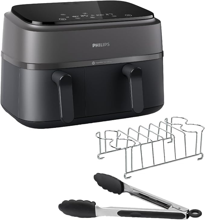 Philips Airfryer 5000 Serii Dual Basket z Technologią Air Steam oraz RapidAir Plus - pojemność 9L, 19 sposobów gotowania, 90% mniej tłuszczu, 2 kosze, czyszczenie parą, akcesoria (NA550/00)