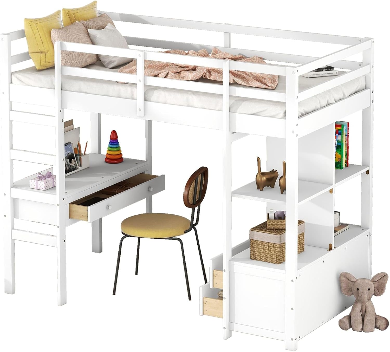 YCYDHDM Łóżko piętrowe 90 x 200 cm z biurkiem i półkami, łóżko piętrowe dla dzieci, łóżko młodzieżowe z zabezpieczeniem przed wypadnięciem i miejscem do przechowywania, rama łóżka z drewna sosnowego,