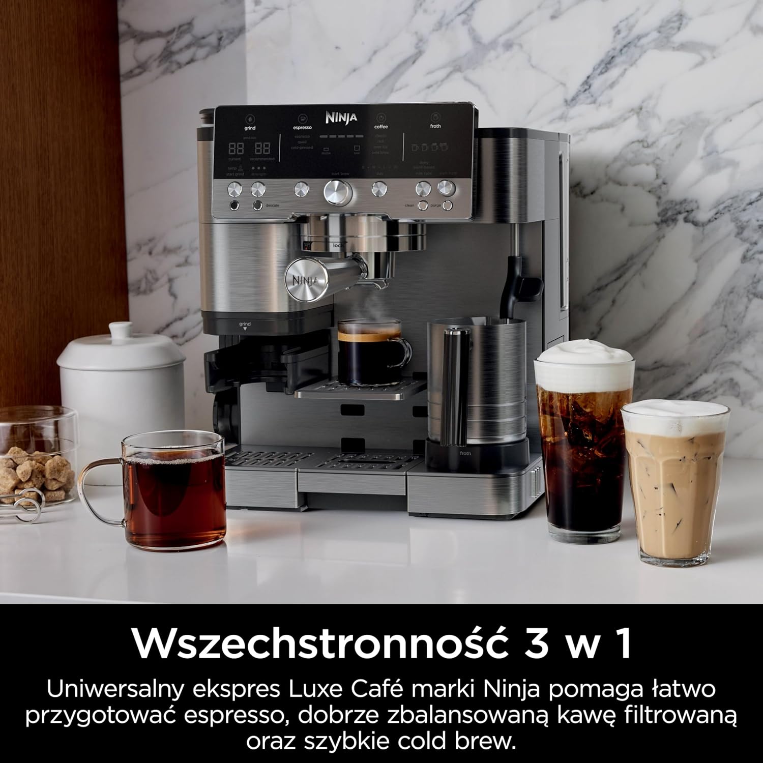 Ninja Luxe Premier Ekspres do kawy 3 w 1, latte, cappuccino, cold brew, espresso, wbudowany młynek i spieniacz do mleka, łatwy w obsłudze, 4 automatyczne ustawienia spieniania, srebrny, ES601EU