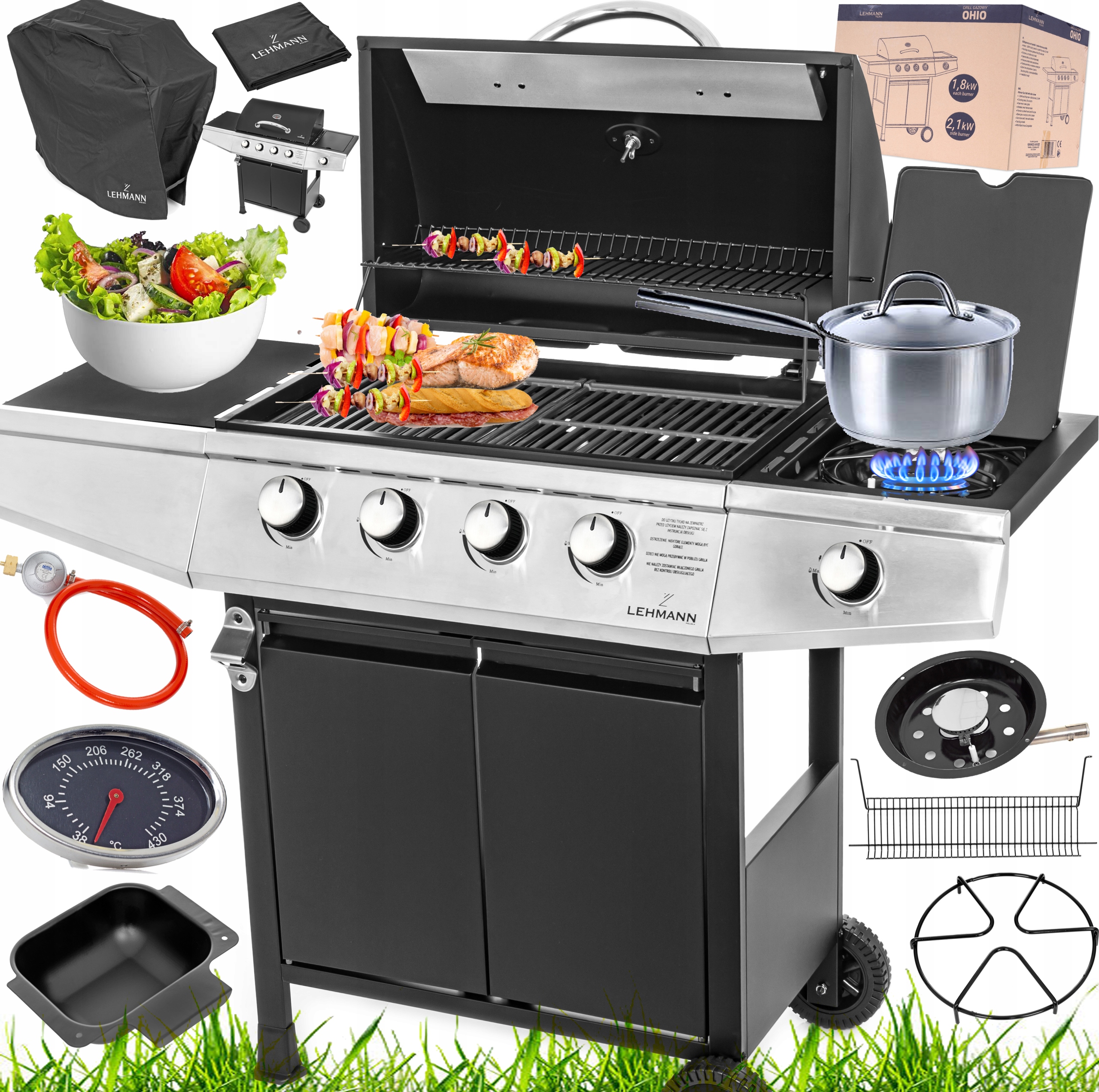 GRILL GAZOWY OGRODOWY ŻELIWNY RUSZT NIERDZEWNY LEHMANN OHIO 4+1 POKROWIEC