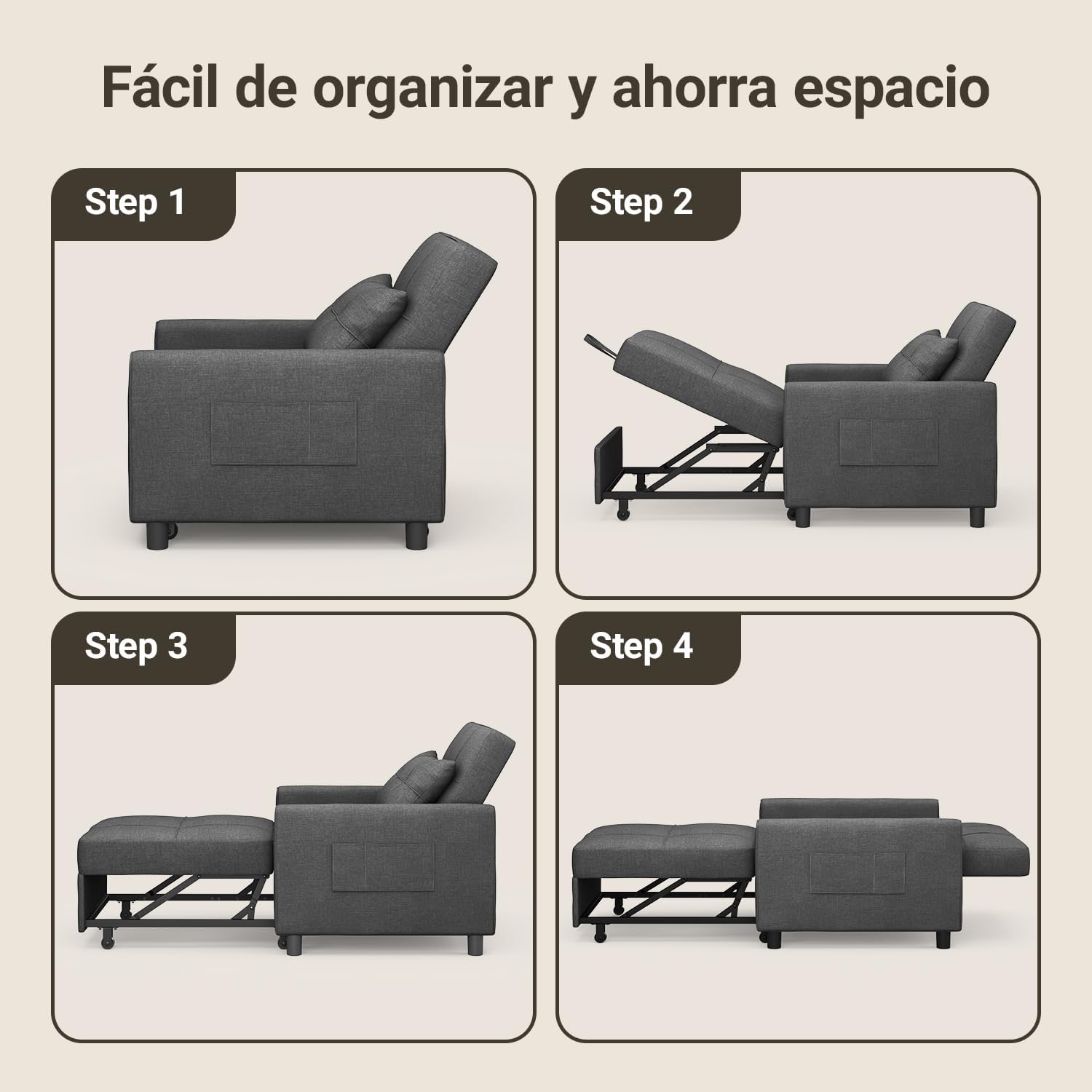 Xbro Fotel Do Spania 3 w 1, Rozkładana Sofa z Funkcją Łóżka, Regulowane Krzesło z Poduszką i Kieszenią, Wielofunkcyjny Fotel na Małe Przestrzenie, Akademiki, Biura