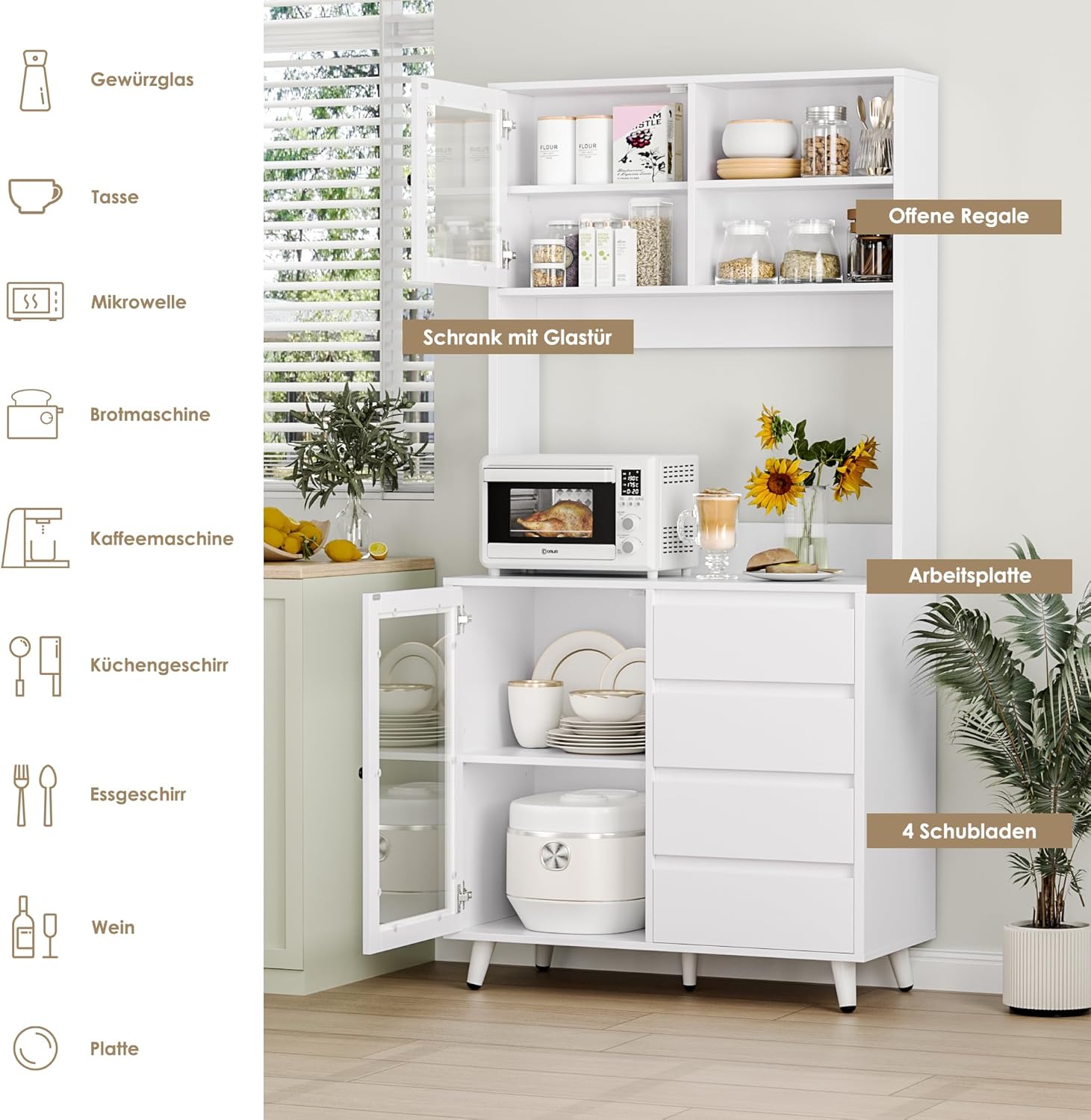 FOREHILL Szafka kuchenna, wysoka szafka, szafka bufetowa ze szklanymi drzwiami, blat roboczy, 4 szuflady, uniwersalna szafka do kuchni, jadalni, salonu, 80 x 40 x 180 cm, biała, M172