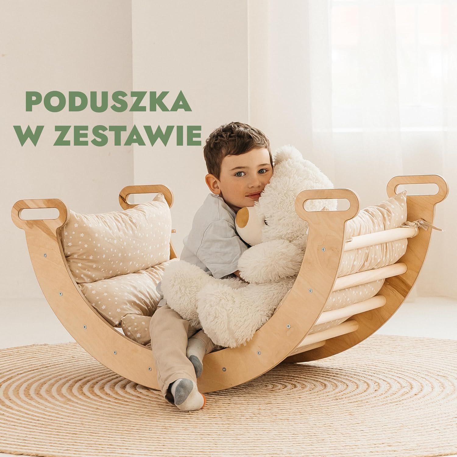 Zestaw wspinaczkowy 5 w 1 Montessori - drewniana siłownia z trójkątną drabinką i łukiem oraz rampą wspinaczkową, siatką i poduszką - rama wspinaczkowa dla maluchów w wieku 1-7 lat w rozmiarze XL