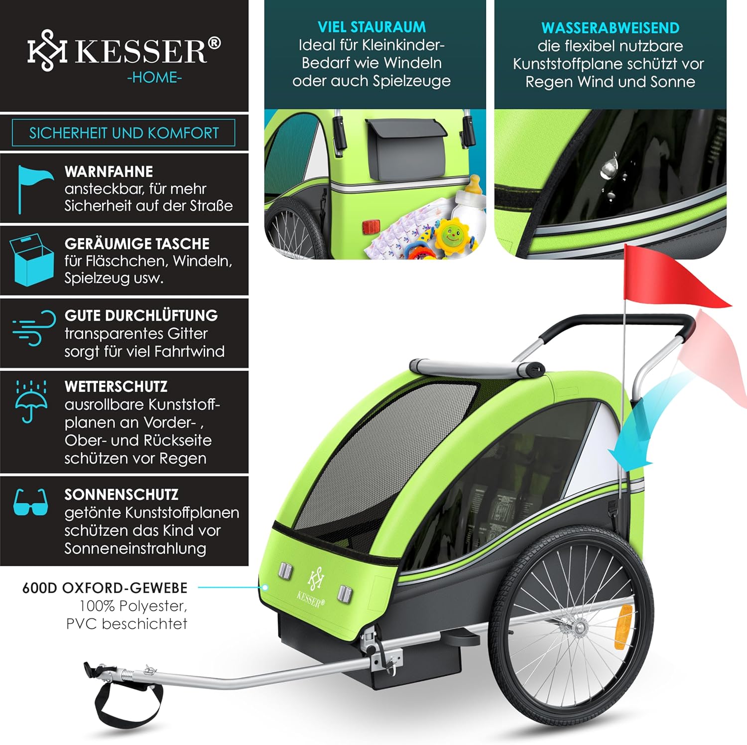 KESSER® Przyczepka rowerowa dla dzieci Sport-RX 2w1 z funkcją jazdy Przyczepka rowerowa dla dzieci + 5-punktowy pas bezpieczeństwa 360°