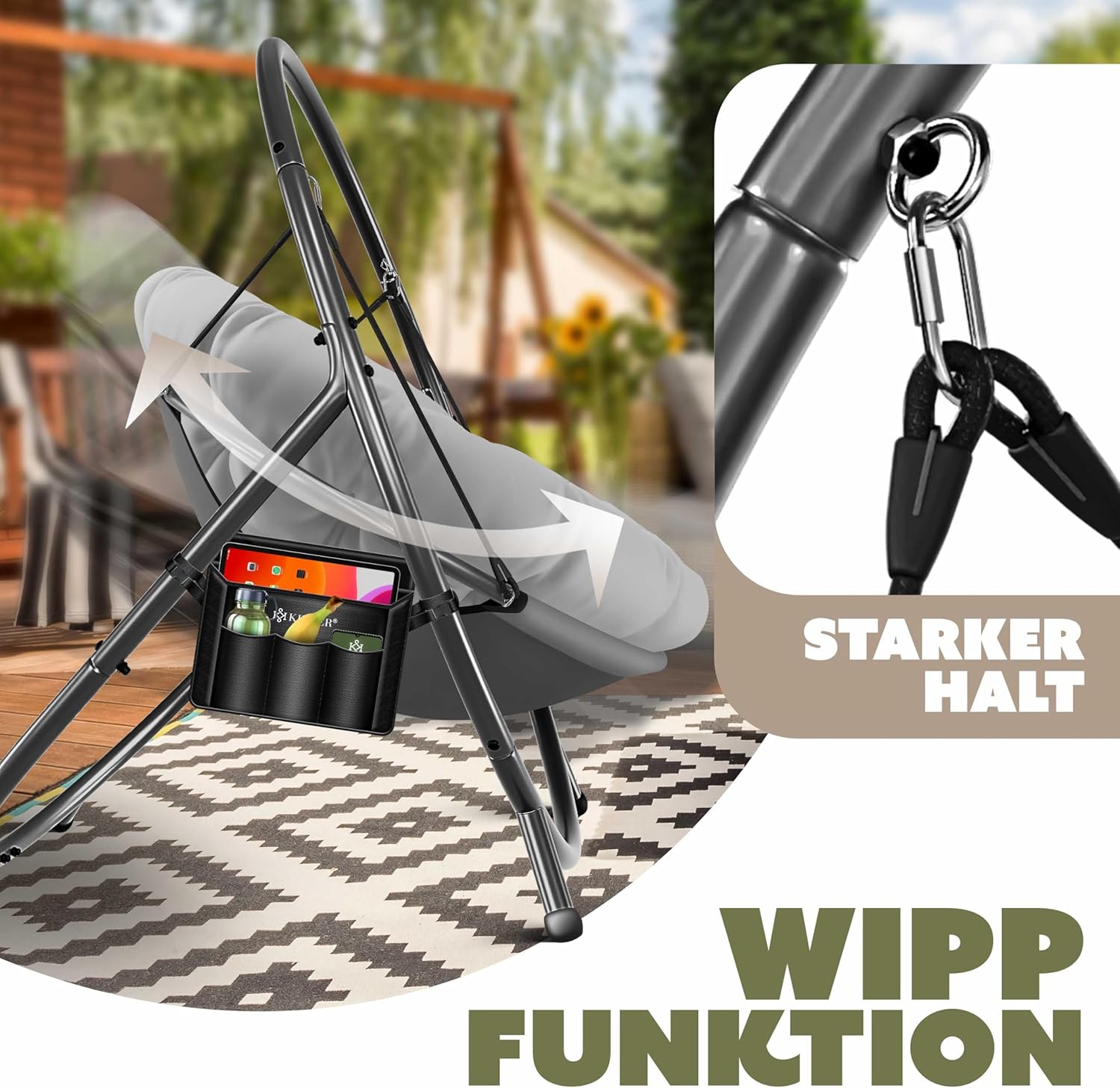 KESSER® Fotel wiszący ze stalowym stelażem, huśtawka, do 150 kg, do użytku wewnątrz i na zewnątrz, z poduszką i kieszenią boczną, kosz wiszący, piankowa poduszka, idealny do salonu i ogrodu