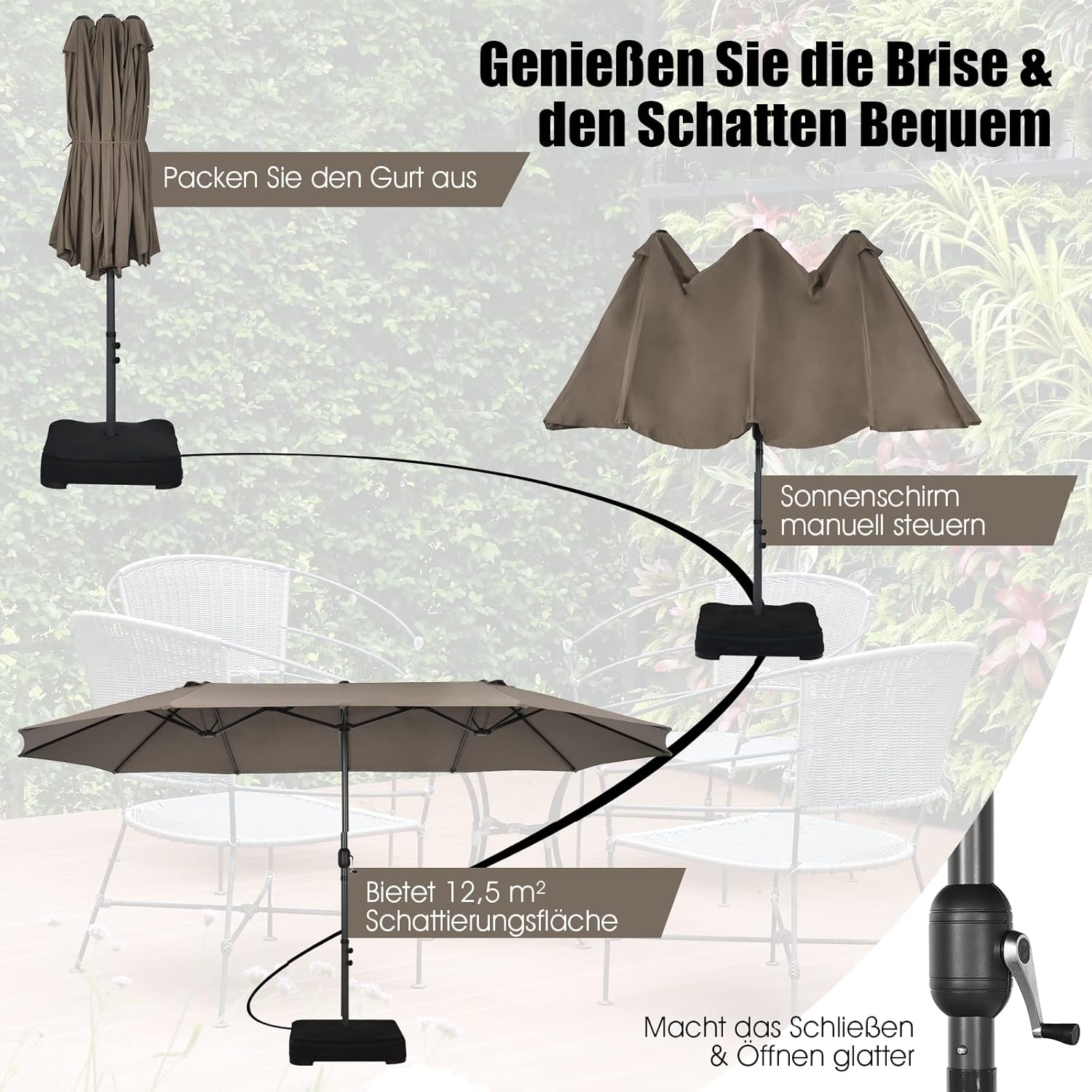 COSTWAY Parasol przeciwsłoneczny, prostokątny, 300 x 300 cm, duży parasol przeciwsłoneczny z korbą, parasol ogrodowy, odchylany o 360°, parasol tarasowy, do ogrodu, na taras, balkon (czarny)