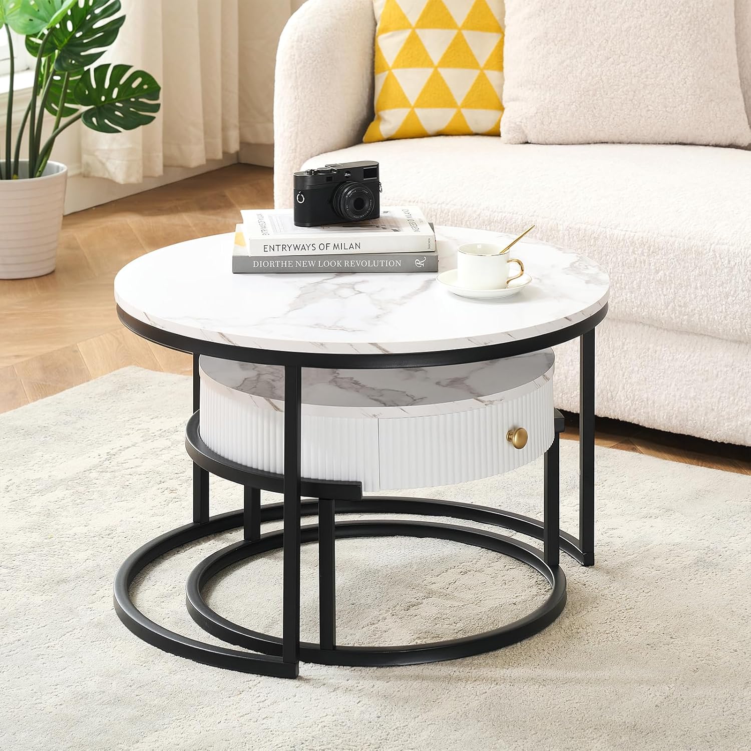 Ginhow Stolik kawowy, okrągły, biały i złoty, 2-częściowy zestaw, stolik kawowy o wyglądzie marmuru, okrągły stolik kawowy z 1 szufladą, nowoczesny stolik pomocniczy, złoty, okrągły, Ø 70 x wys. 45