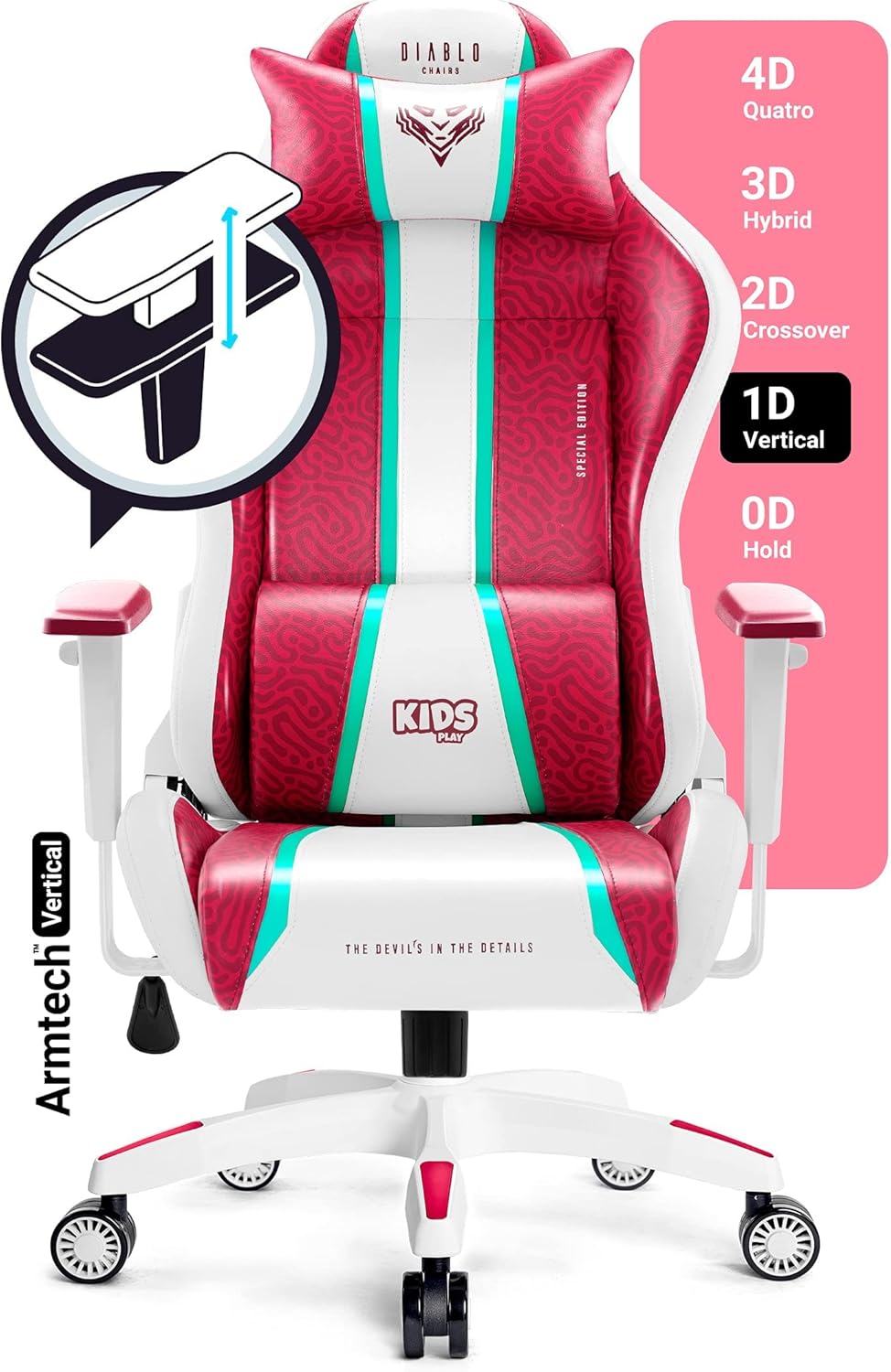 Diablo X-One 2.0 Fotel Gamingowy Krzesło Biurowe Dla Gracza Obrotowy Regulowane Podłokietniki Ekoskóra Ergonomiczny Design Funkcja Bujania Poduszka Pod Kark i Lędźwie (Candy Rose, Normal)