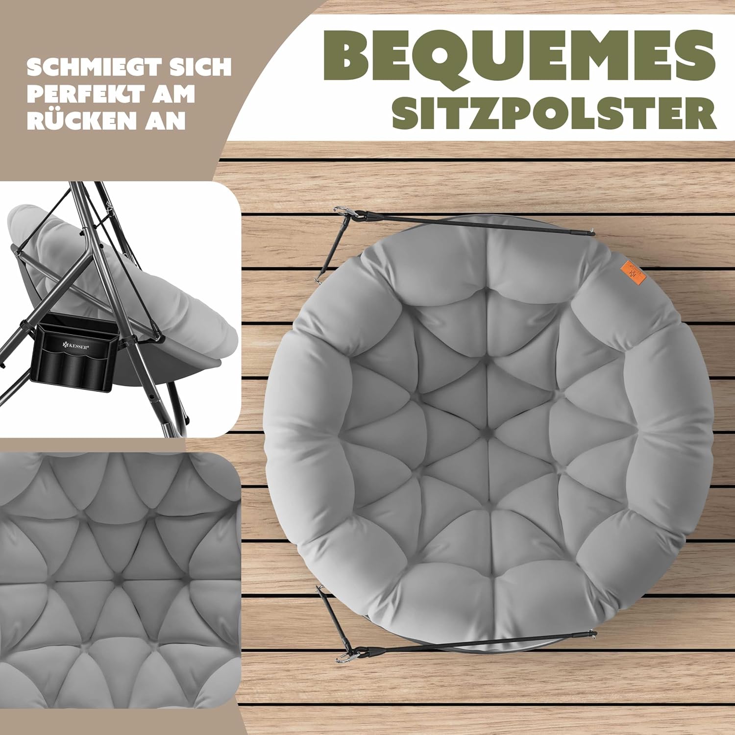 KESSER® Fotel wiszący ze stalowym stelażem, huśtawka, do 150 kg, do użytku wewnątrz i na zewnątrz, z poduszką i kieszenią boczną, kosz wiszący, piankowa poduszka, idealny do salonu i ogrodu
