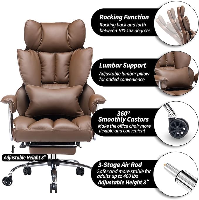 Efomao ergonomiczny fotel biurowy, krzesło kierownicze z PU skóry, fotel biurowy do 200 kg z podnóżkiem i podpórką lędźwiową, regulowane krzesło z wysokim oparciem