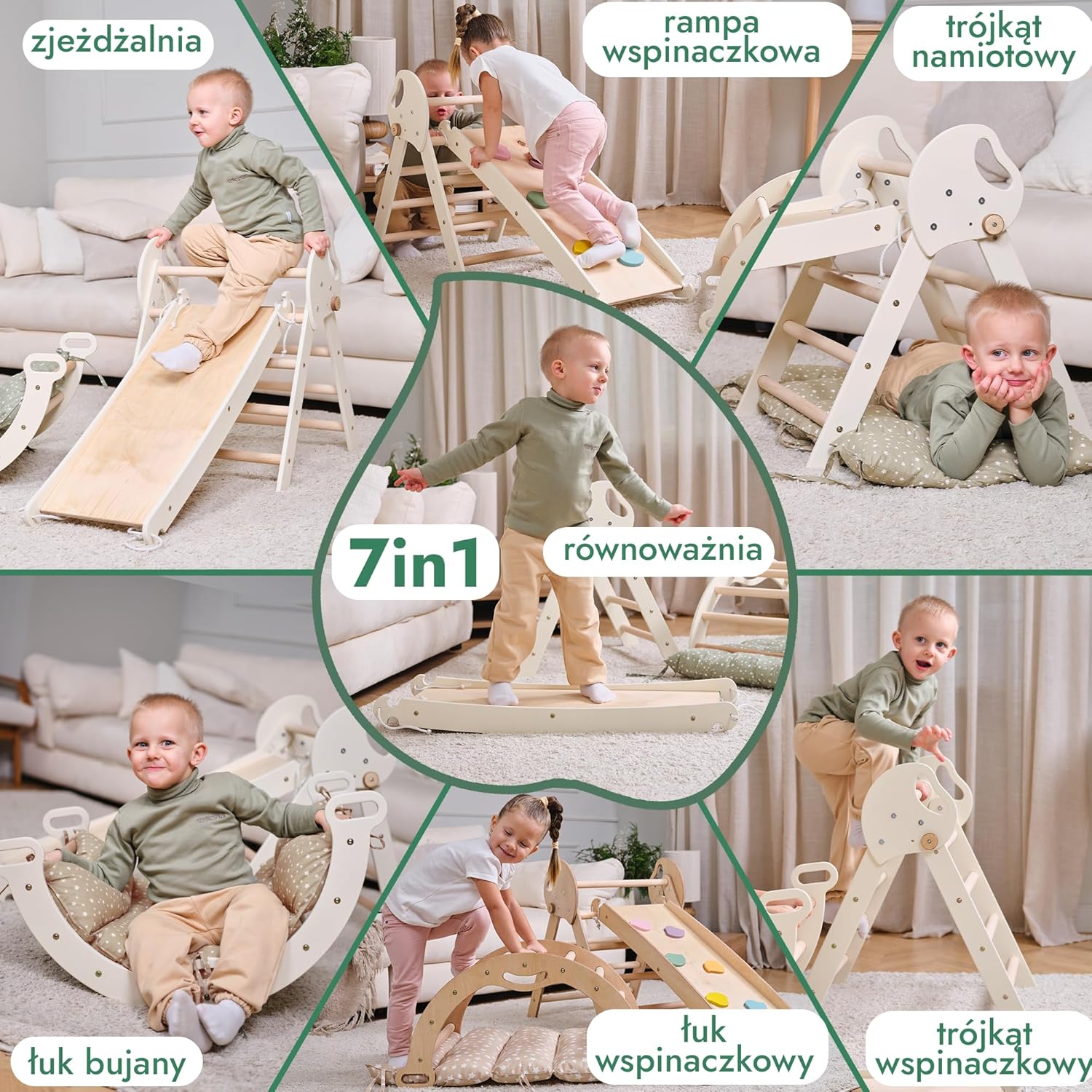 Zestaw wspinaczkowy 5 w 1 Montessori - drewniana siłownia z trójkątną drabinką i łukiem oraz rampą wspinaczkową, siatką i poduszką - rama wspinaczkowa dla maluchów w wieku 1-7 lat w rozmiarze XL