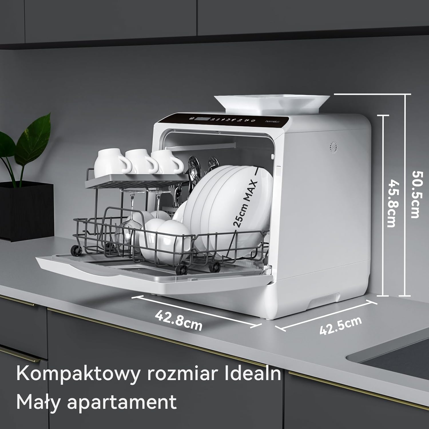 Mini zmywarka stołowa, do użytku z i bez podłączenia do wody, szerokość 43 cm, miejsce na 4 sztućce, do użytku na kempingu, 175 kWh/rok, biały