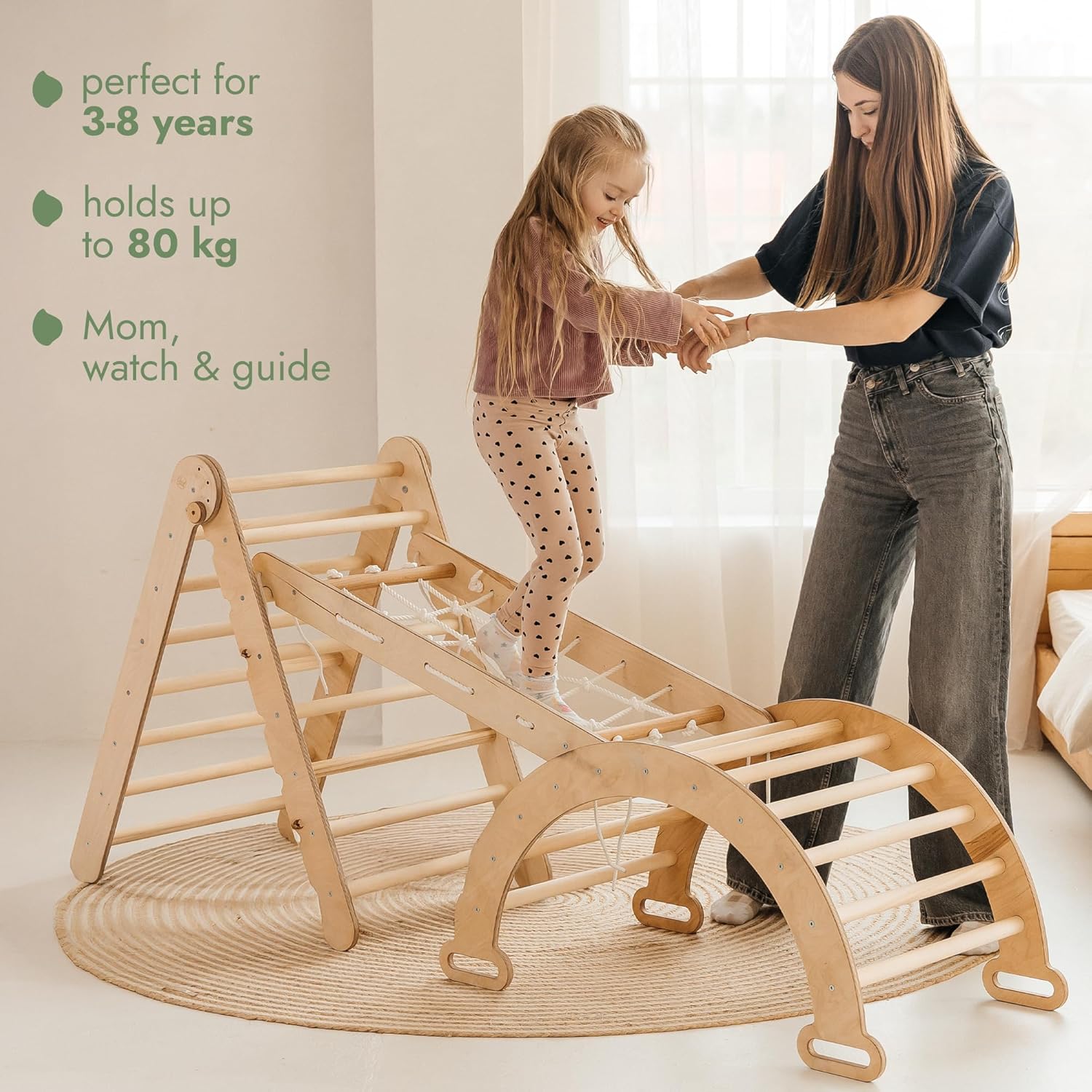 Zestaw wspinaczkowy 5 w 1 Montessori - drewniana siłownia z trójkątną drabinką i łukiem oraz rampą wspinaczkową, siatką i poduszką - rama wspinaczkowa dla maluchów w wieku 1-7 lat w rozmiarze XL