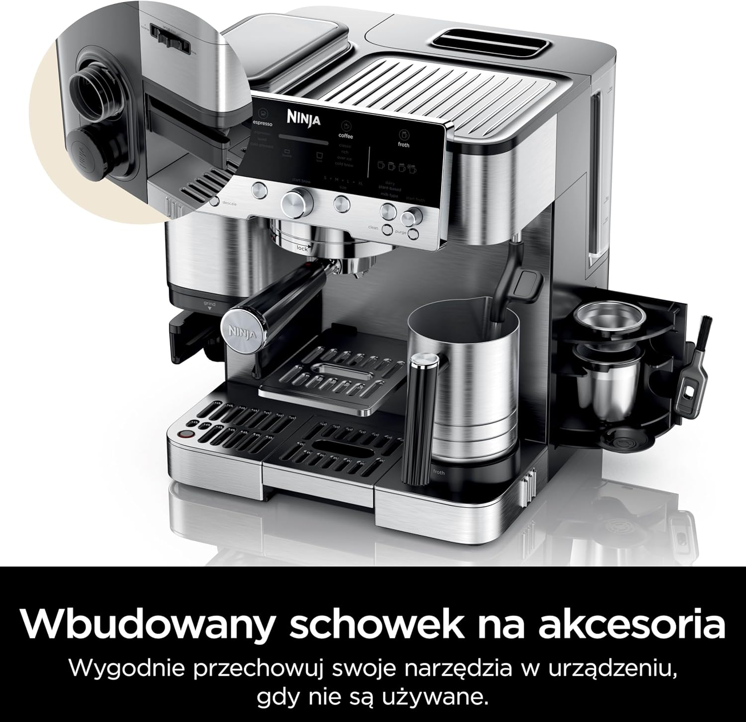 Ninja Luxe Premier Ekspres do kawy 3 w 1, latte, cappuccino, cold brew, espresso, wbudowany młynek i spieniacz do mleka, łatwy w obsłudze, 4 automatyczne ustawienia spieniania, srebrny, ES601EU